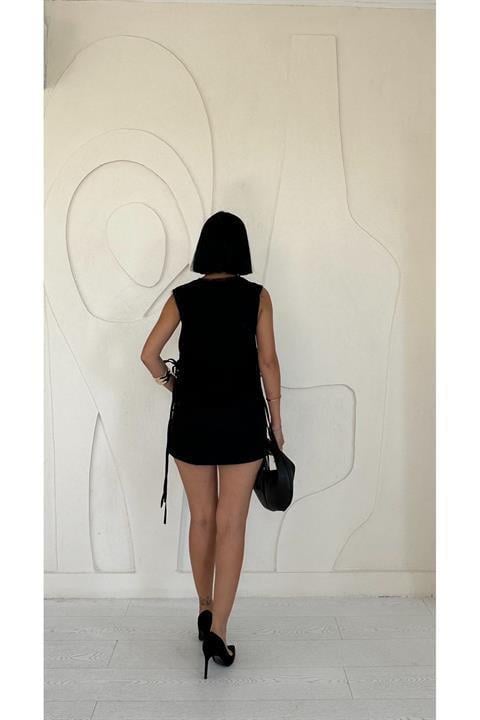 Yanları Bağcıklı Yelek - Siyah