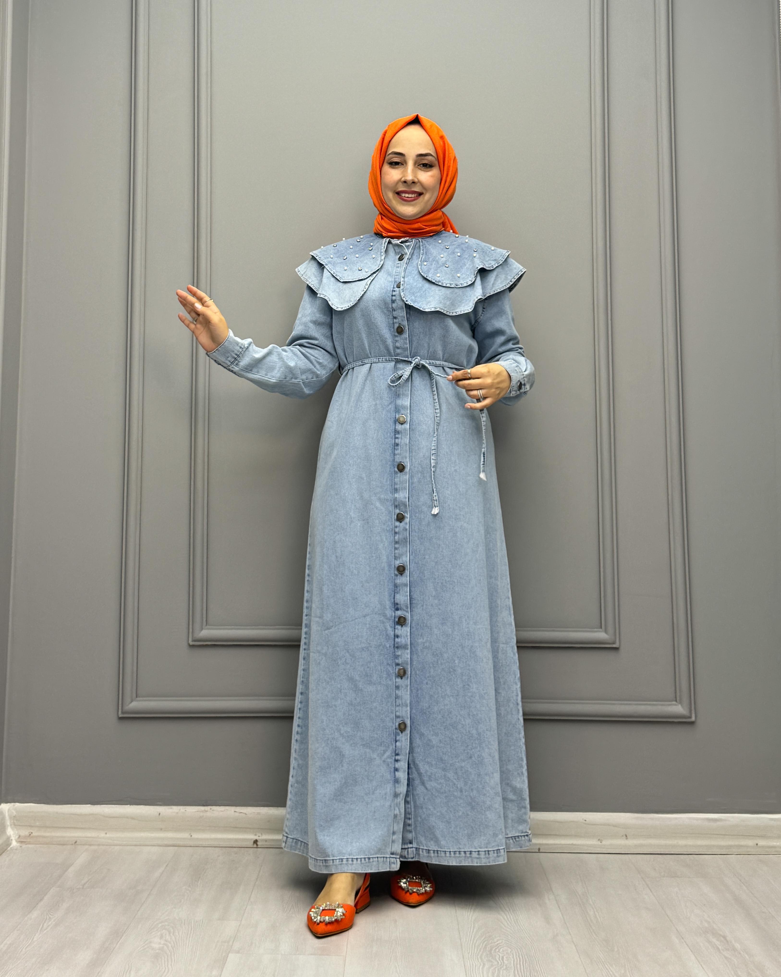0222-Taşlı Denim Elbise-Açık Mavi
