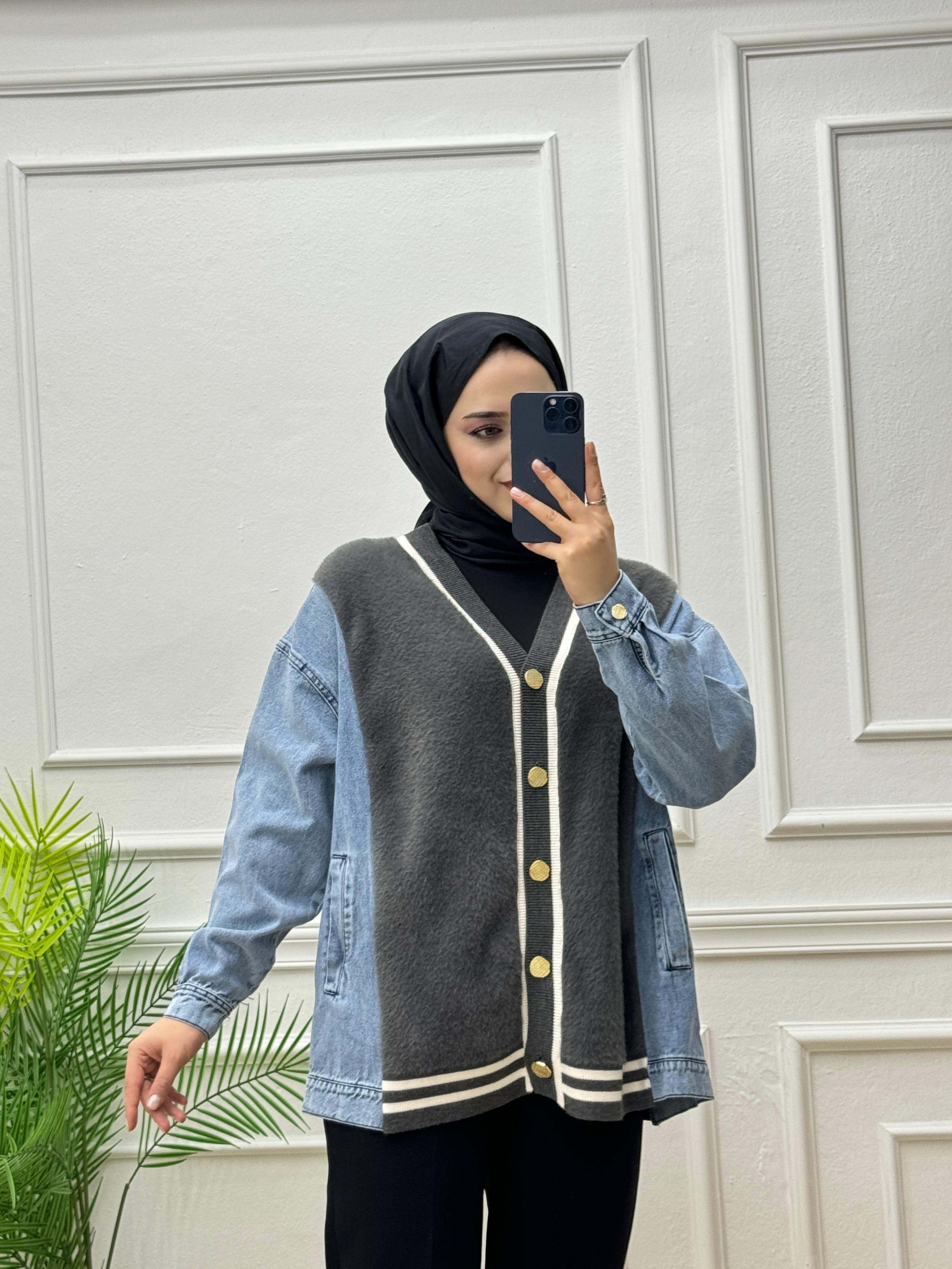 0440-Peluş Detaylı Denim-Antrasit