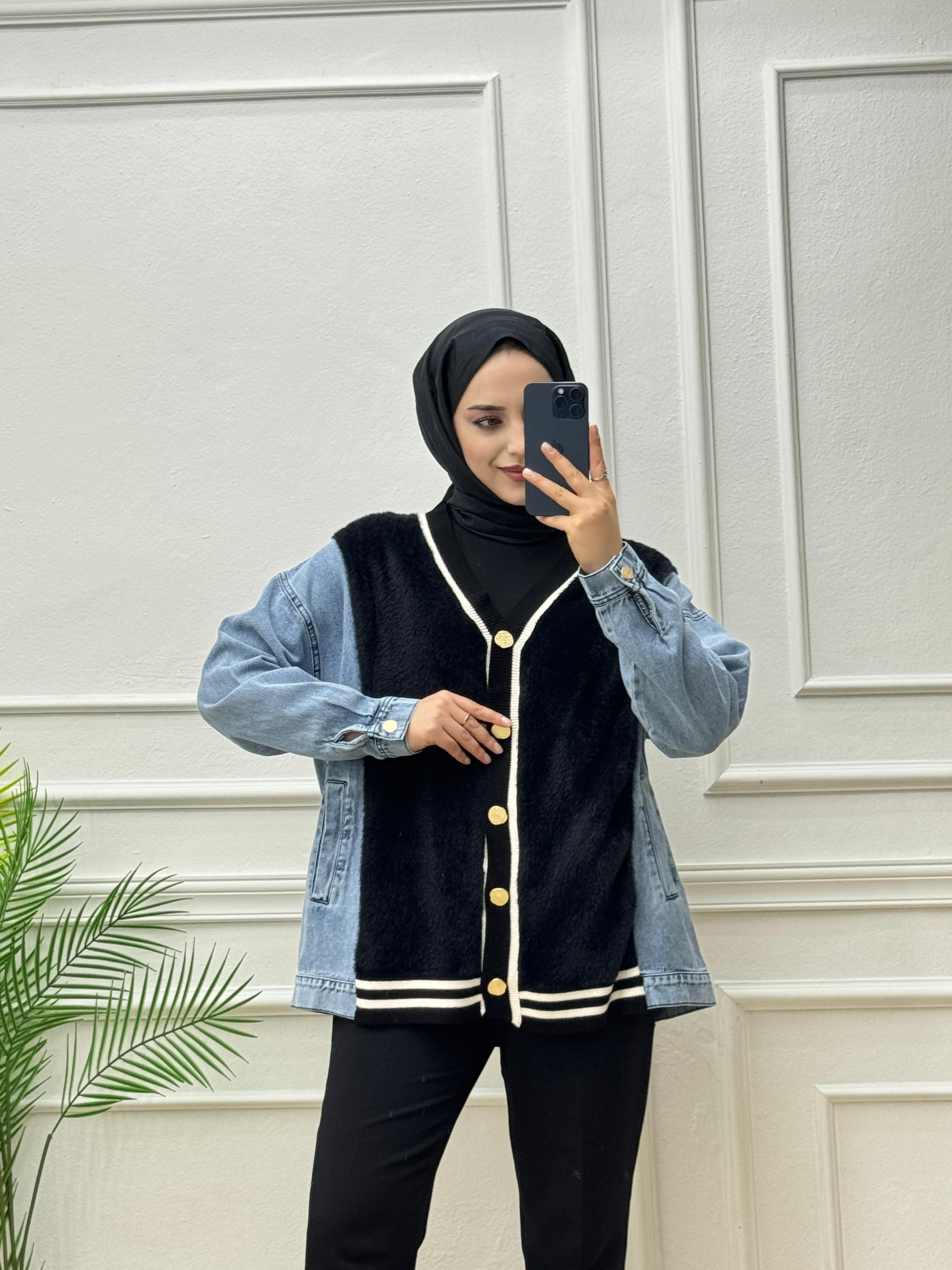0440-Peluş Detaylı Denim-Siyah