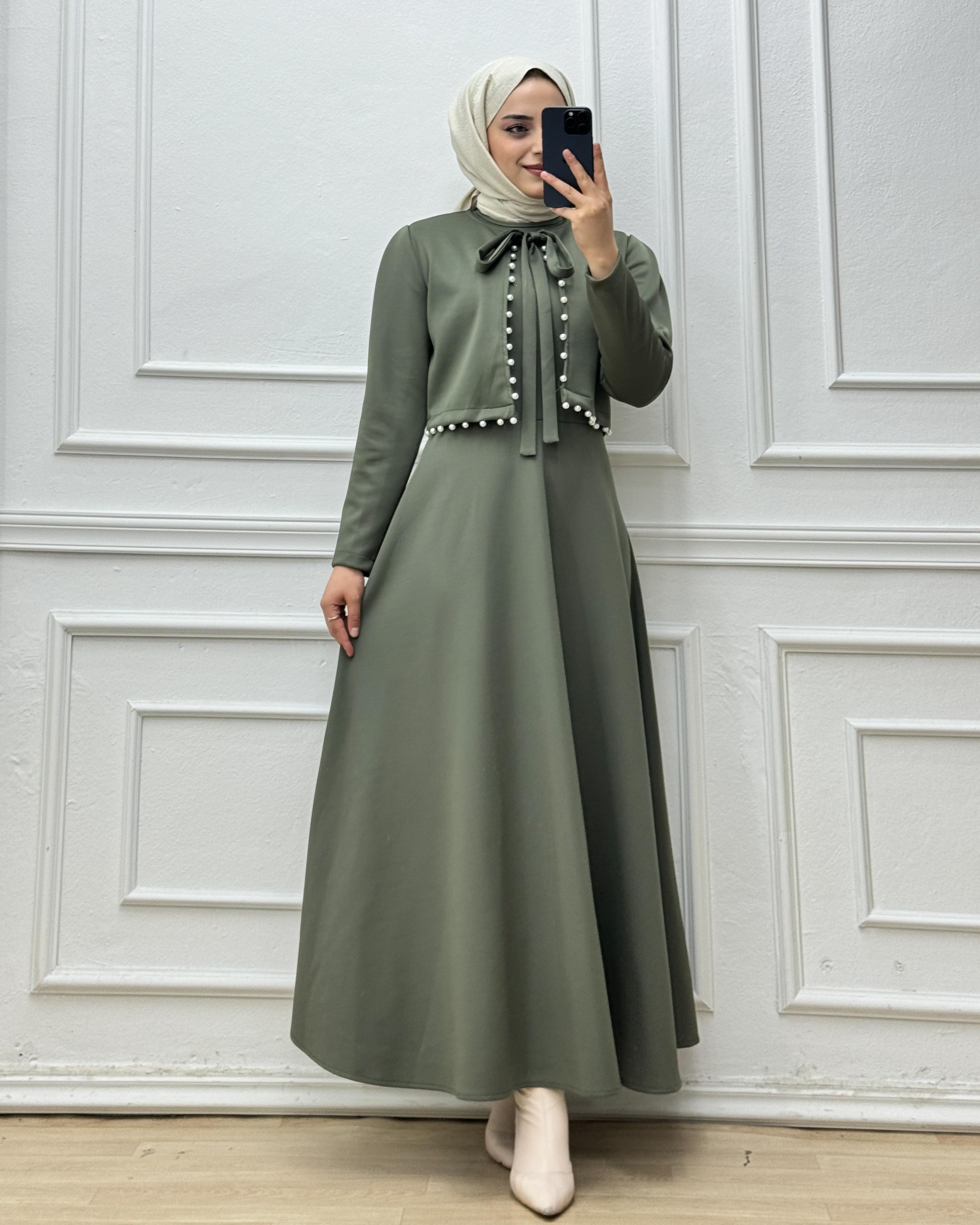 0886-İncili Elbise-Haki