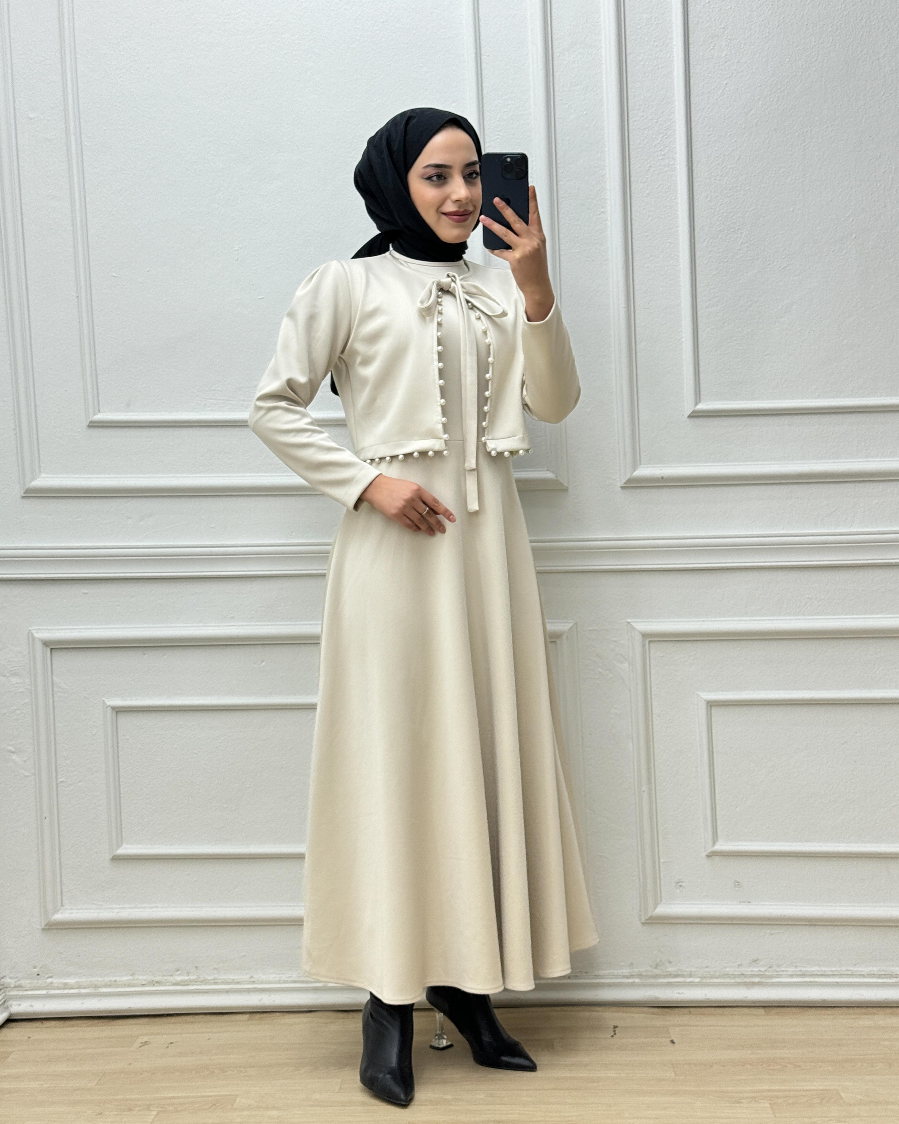 0886-İncili Elbise-Krem