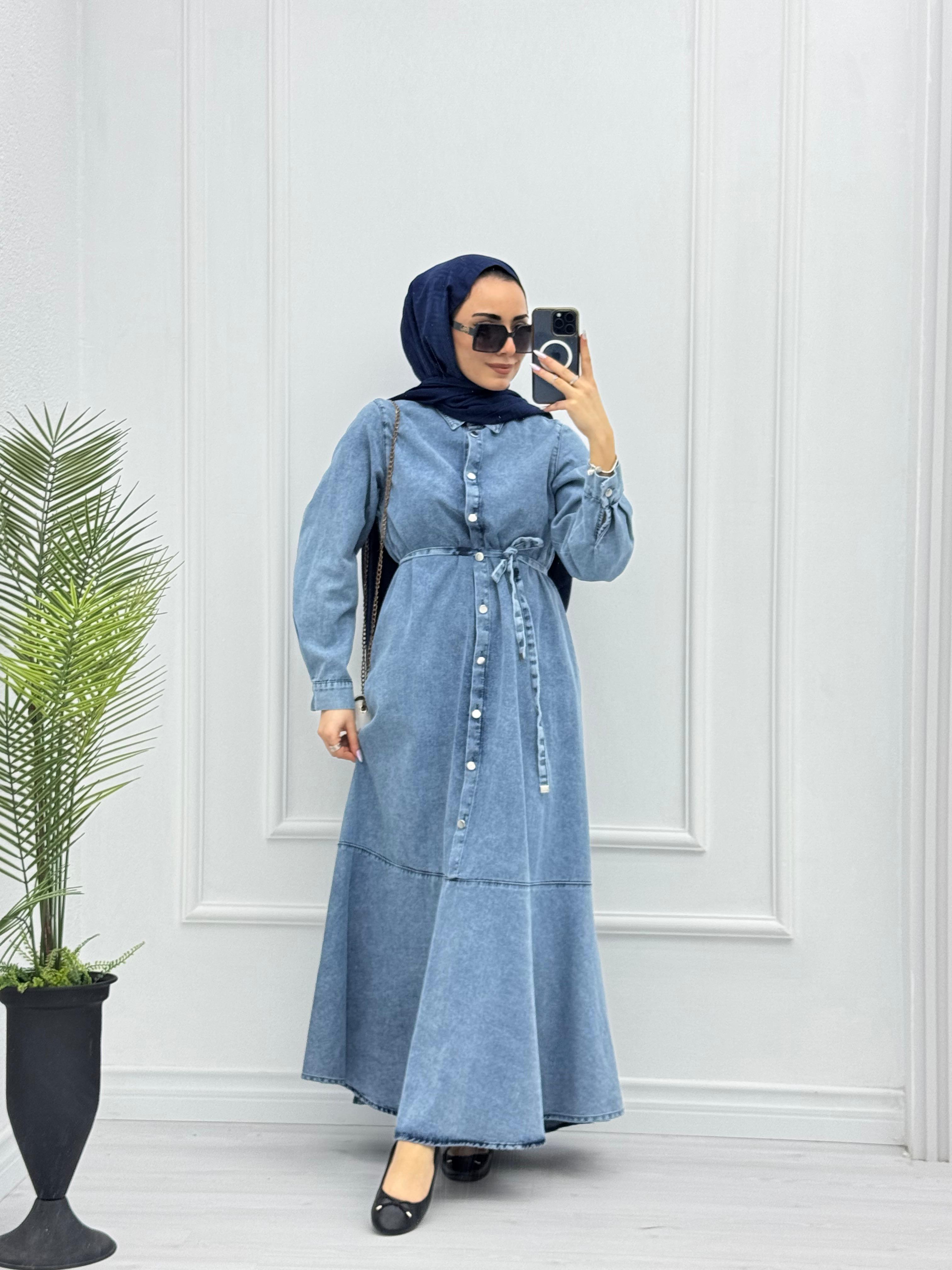 0921-Denim Elbise-Mavi