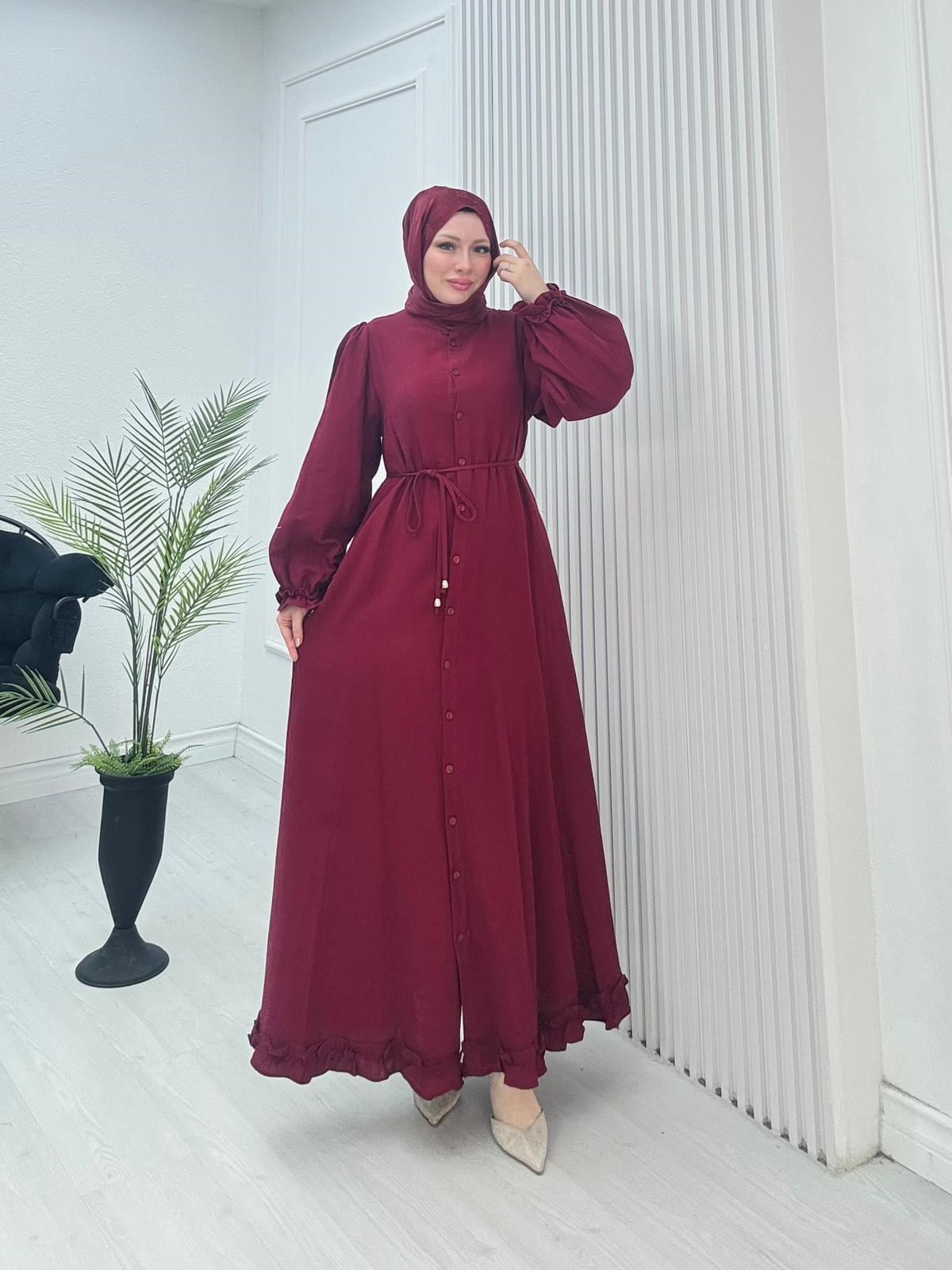 0924-Müslin Maxi Elbise-Bordo