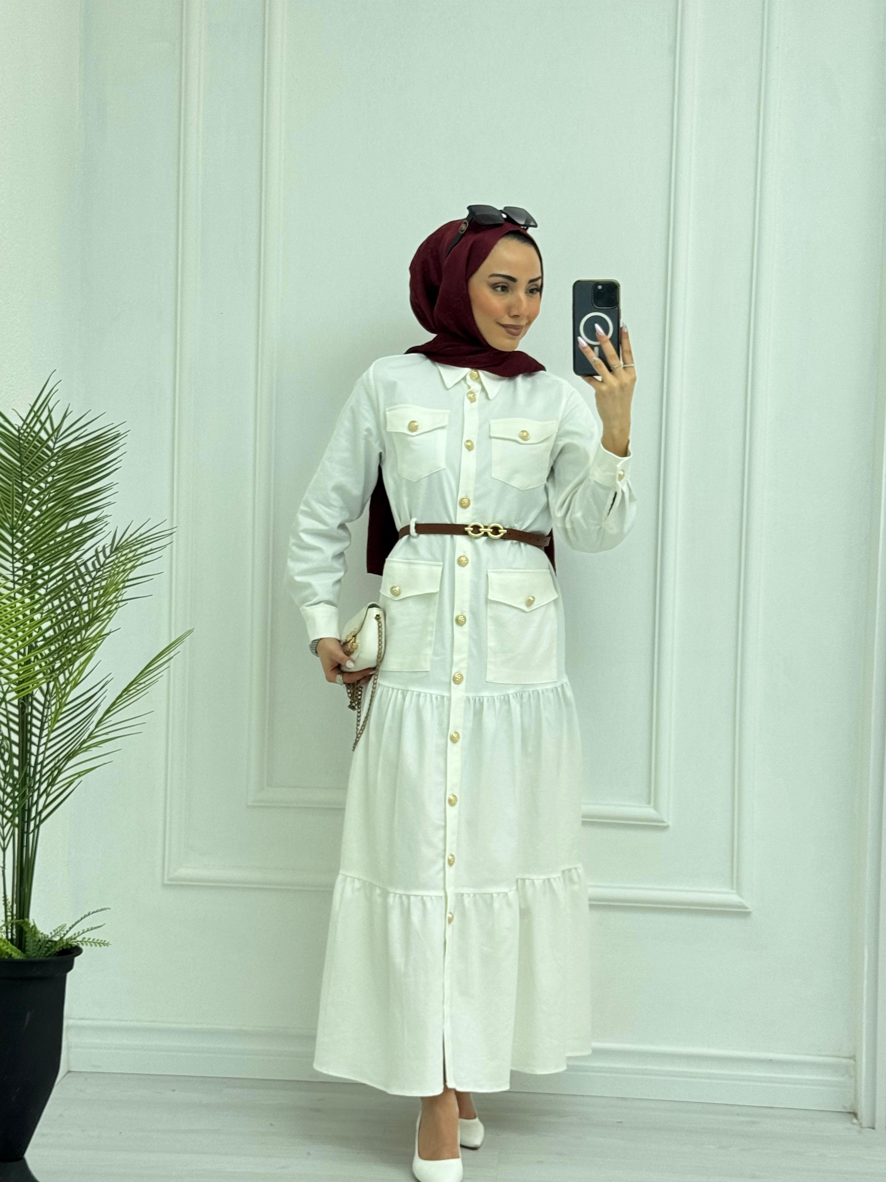 0983-Yazlık Denim Elbise-Beyaz