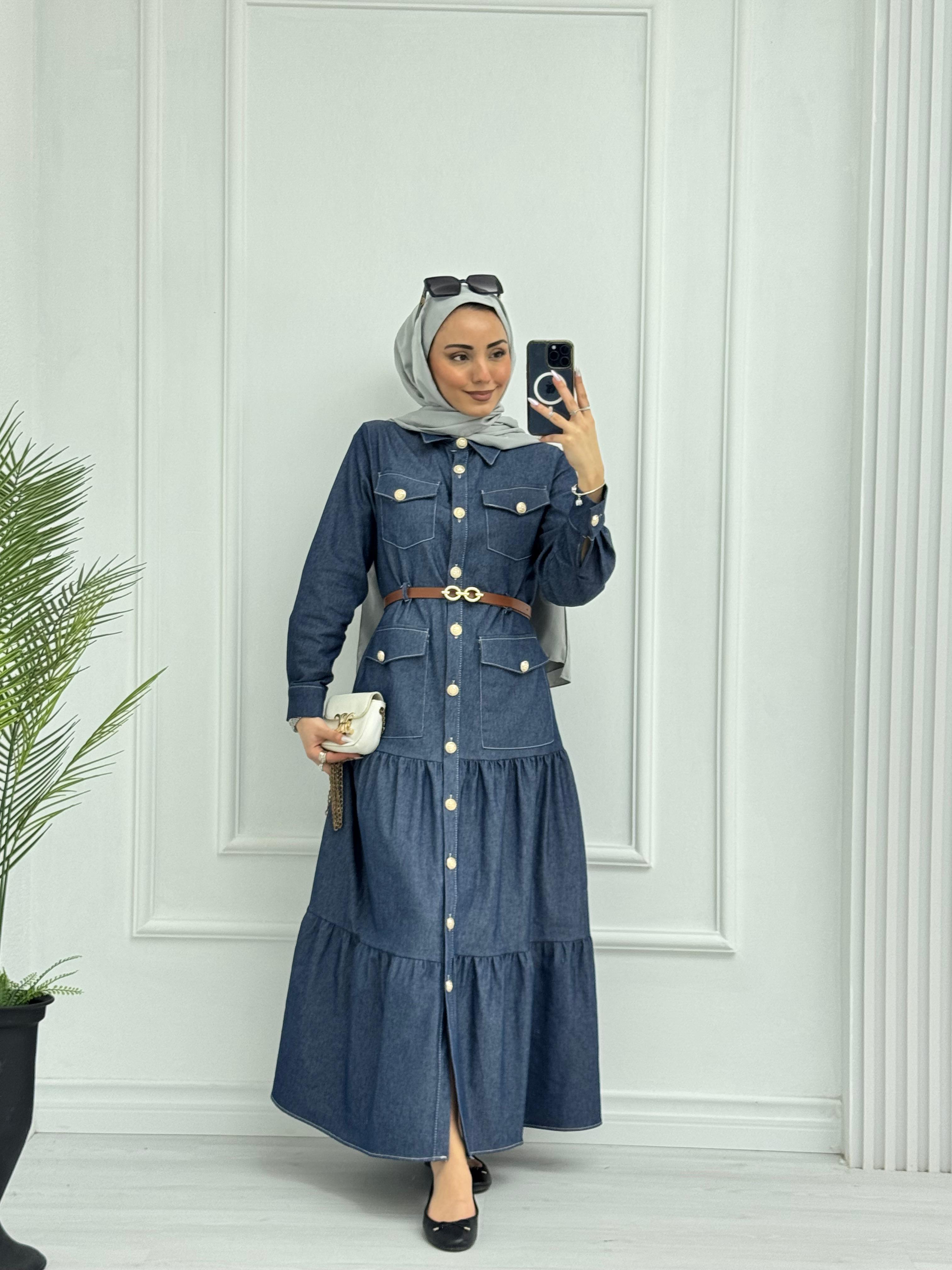 0983-Yazlık Denim Elbise-Mavi