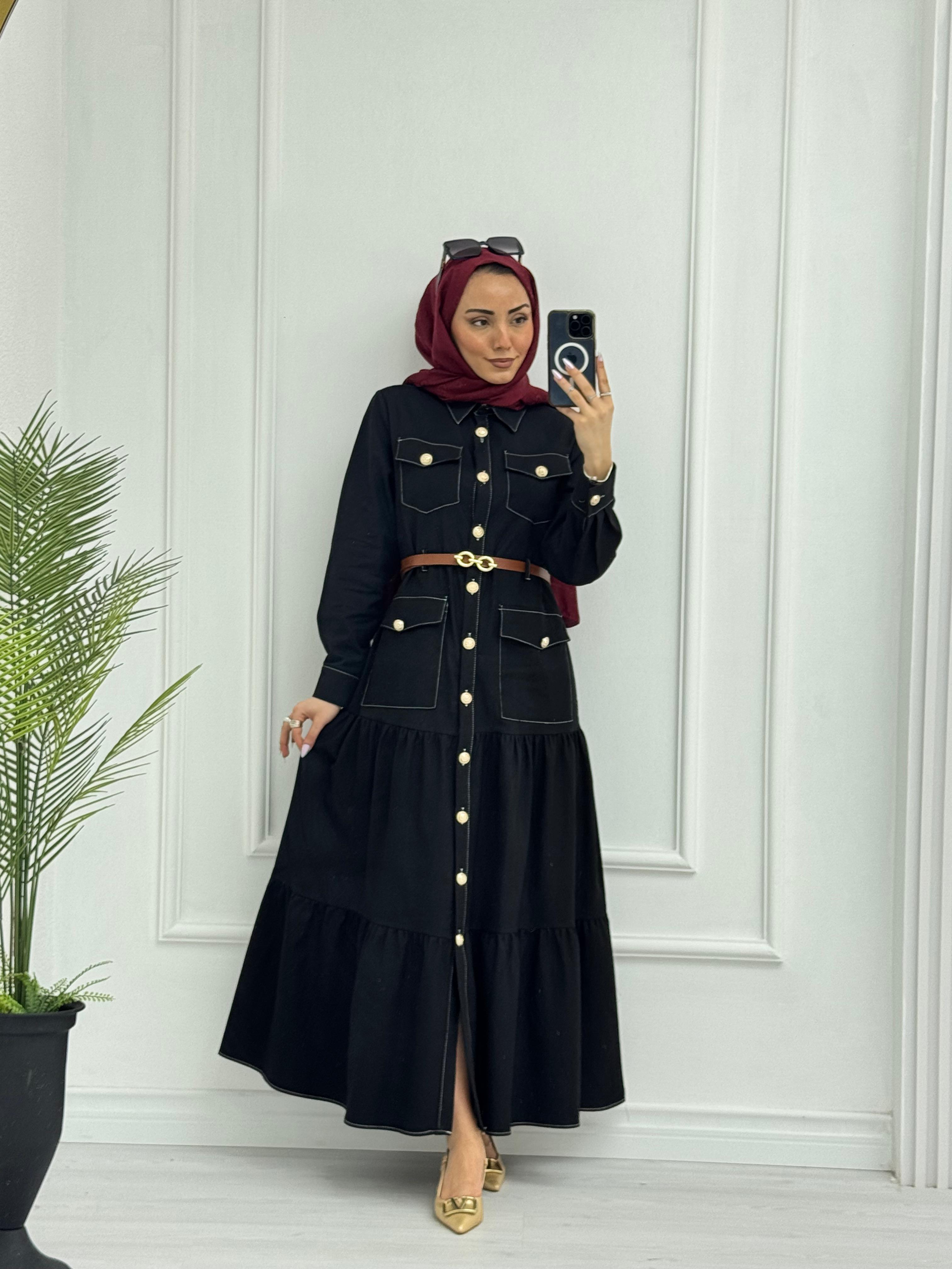 0983-Yazlık Denim Elbise-Siyah