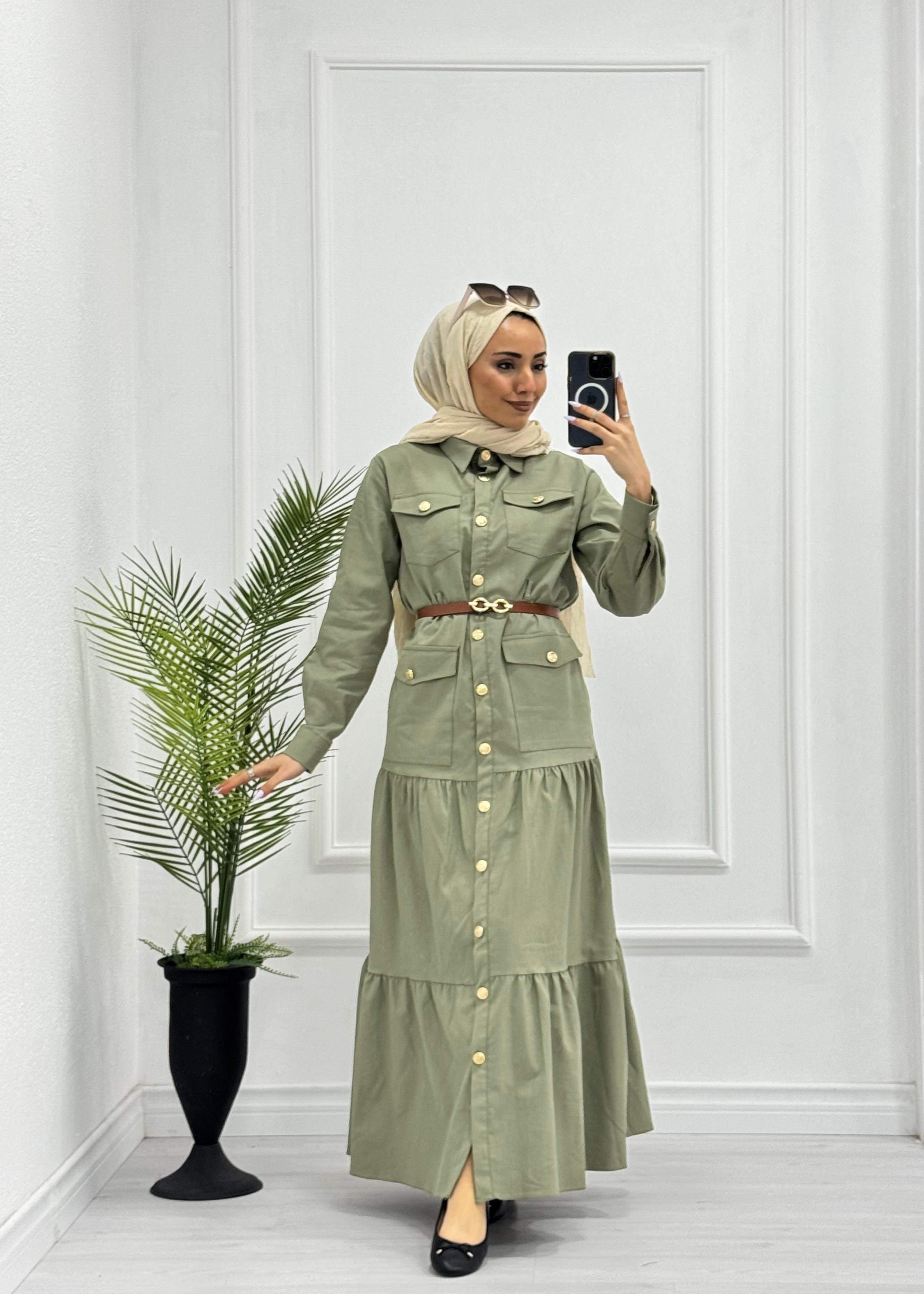 0983-Yazlık Denim Elbise-Yeşil