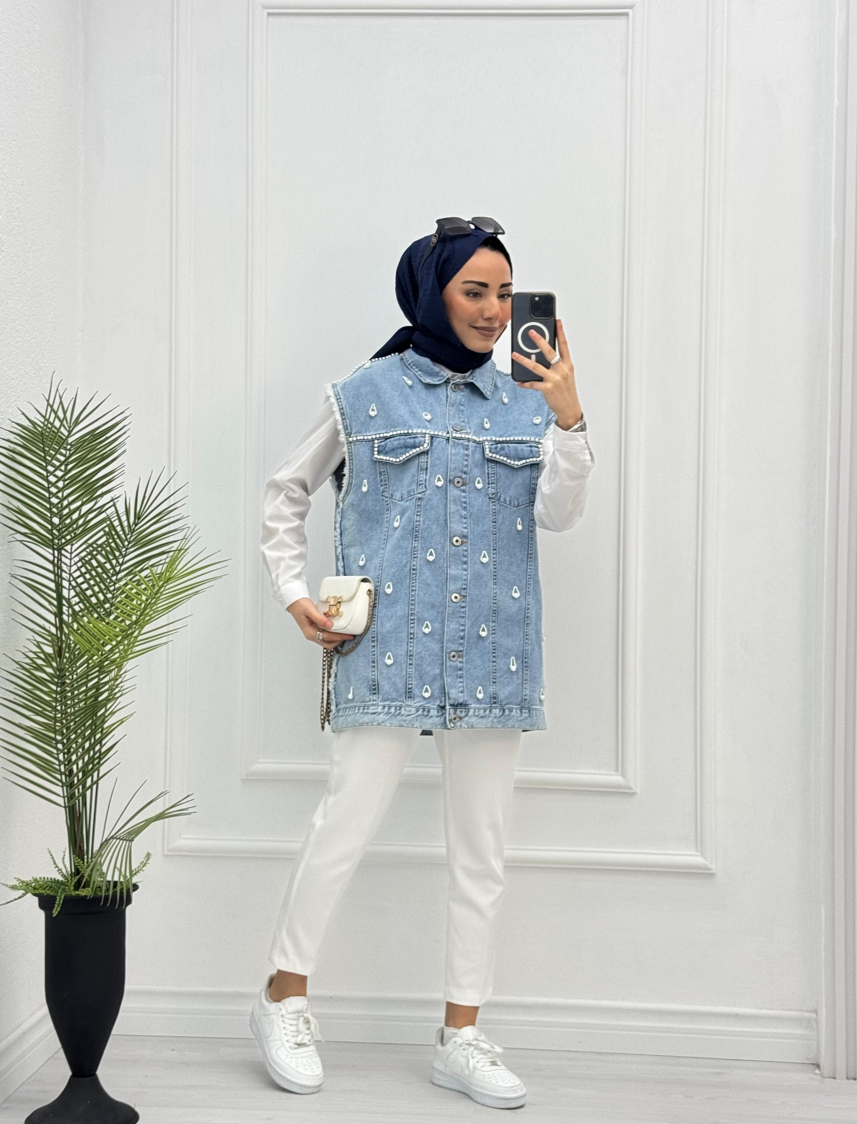 1066-Denim Yelek-Açık Mavi