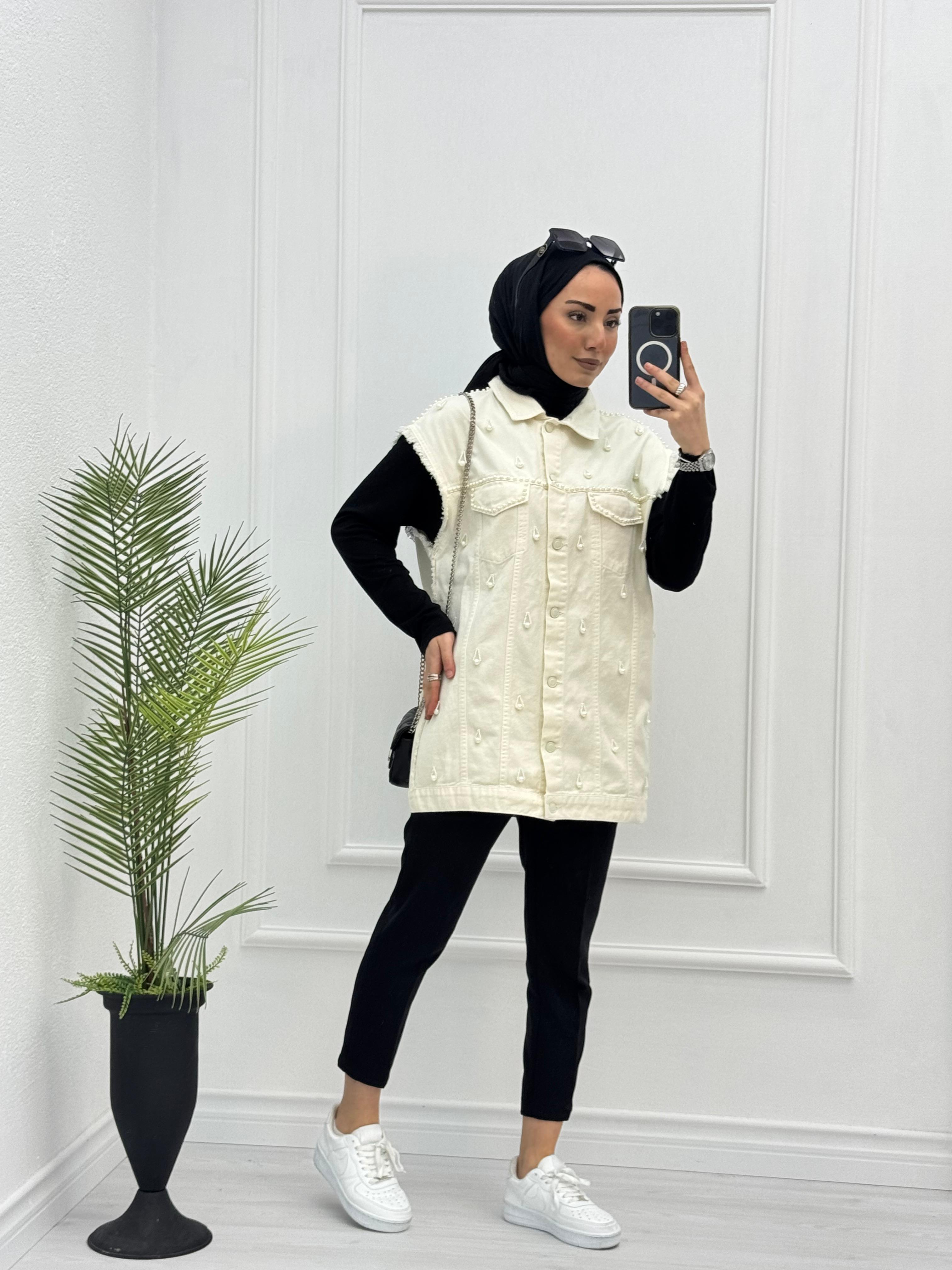 1066-Denim Yelek-Beyaz