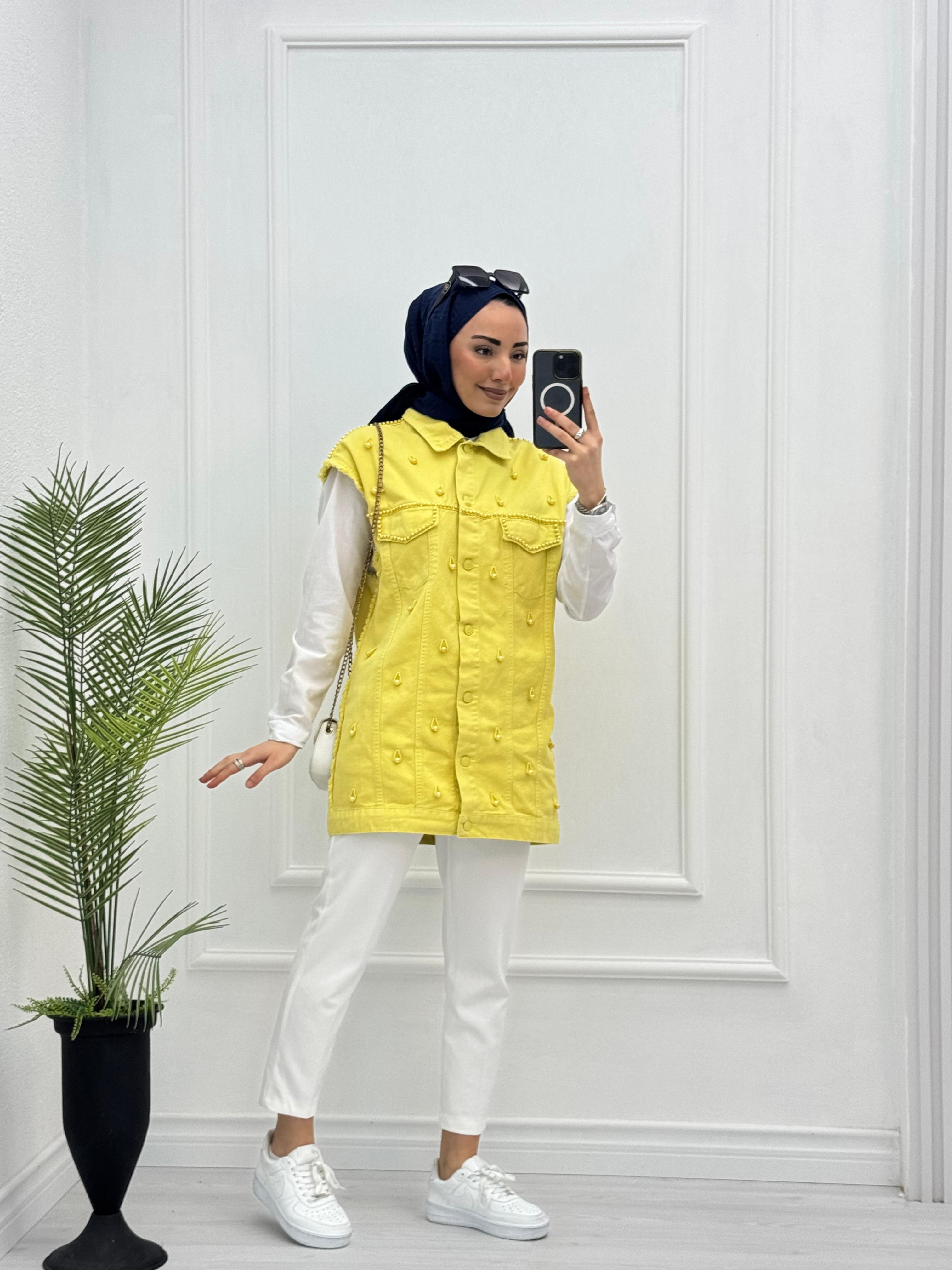 1066-Denim Yelek-Sarı