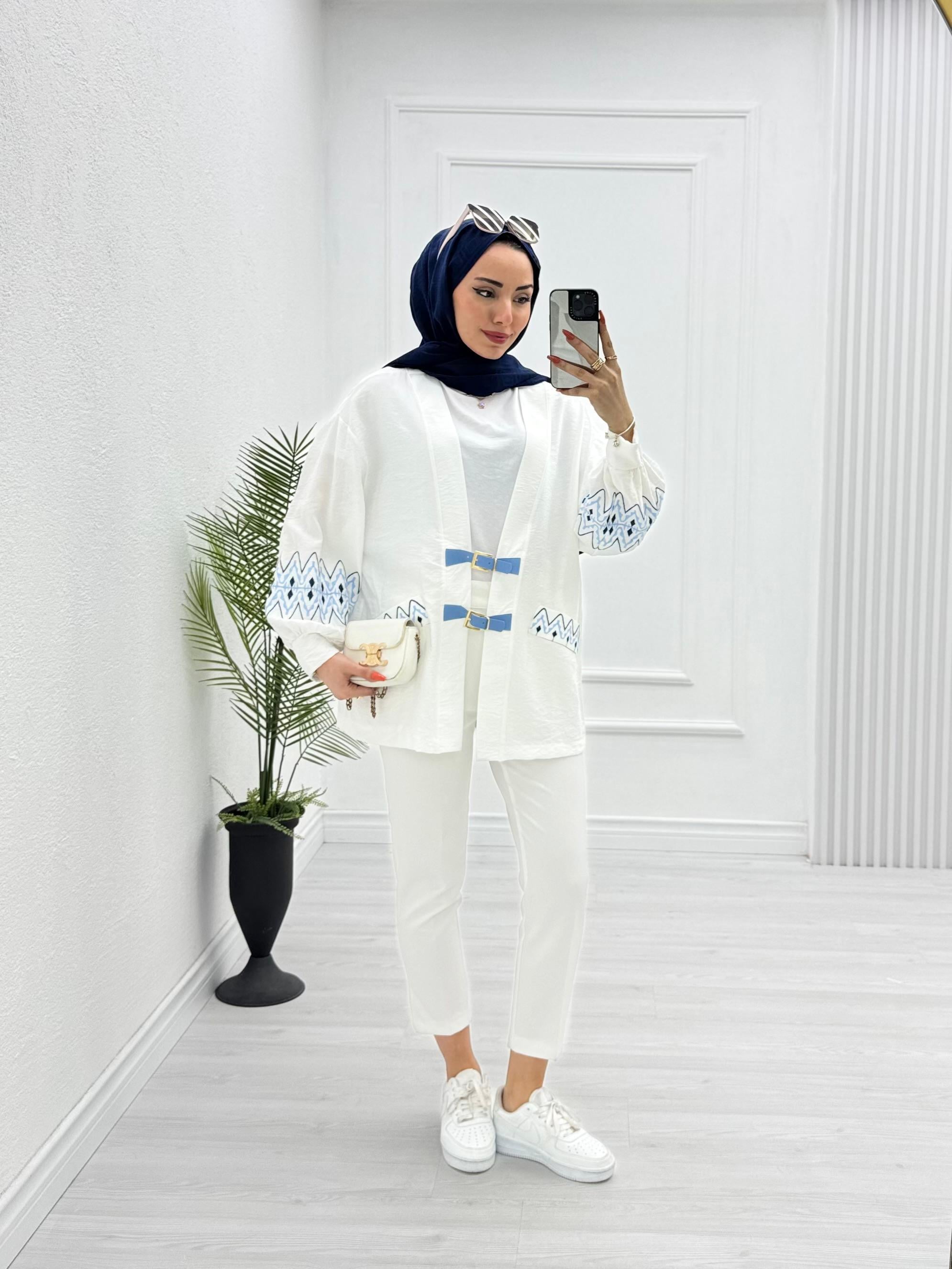1232-Keten Kimono-Beyaz