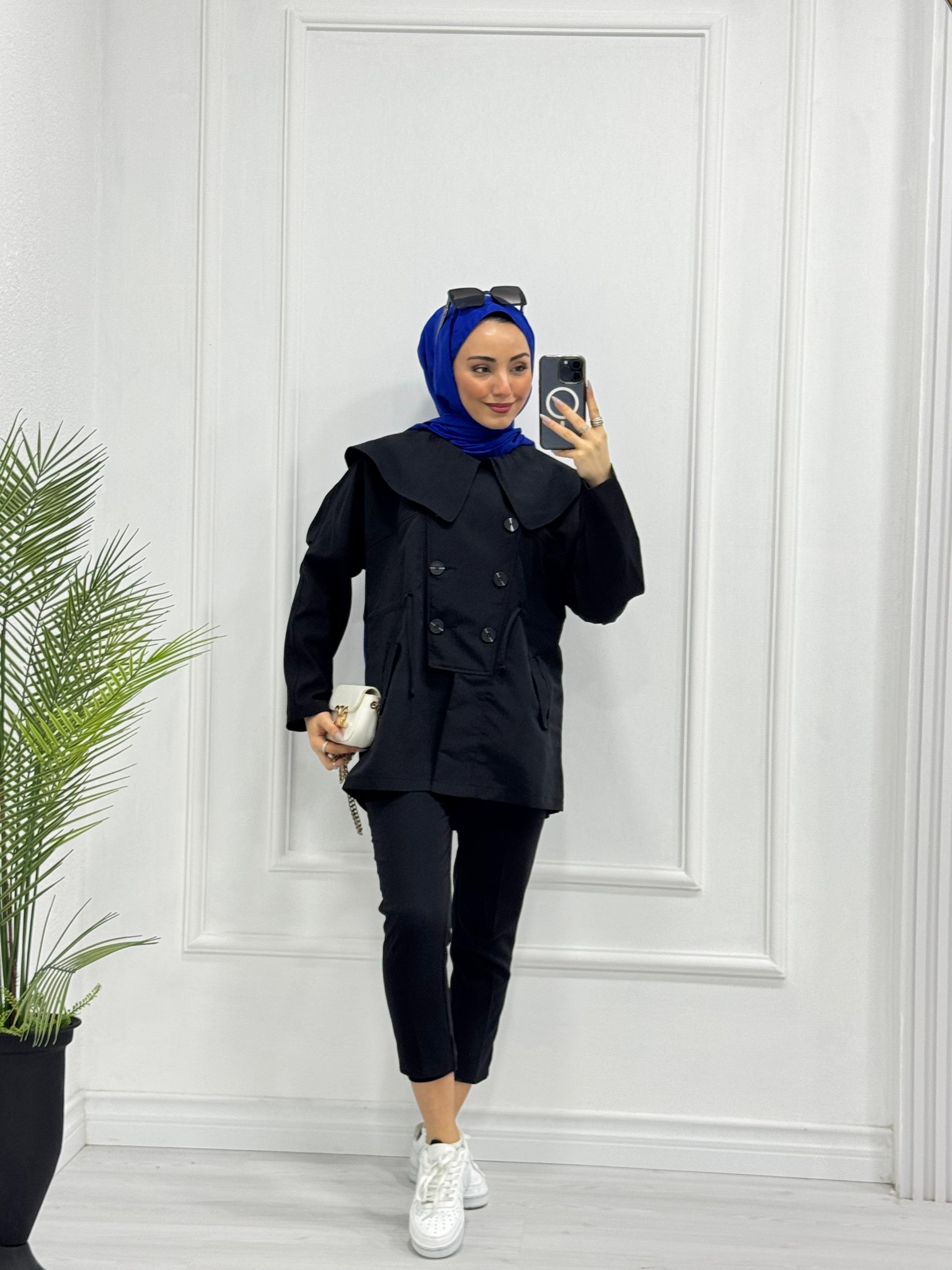 1234-Büzgülü Trençkot-Siyah