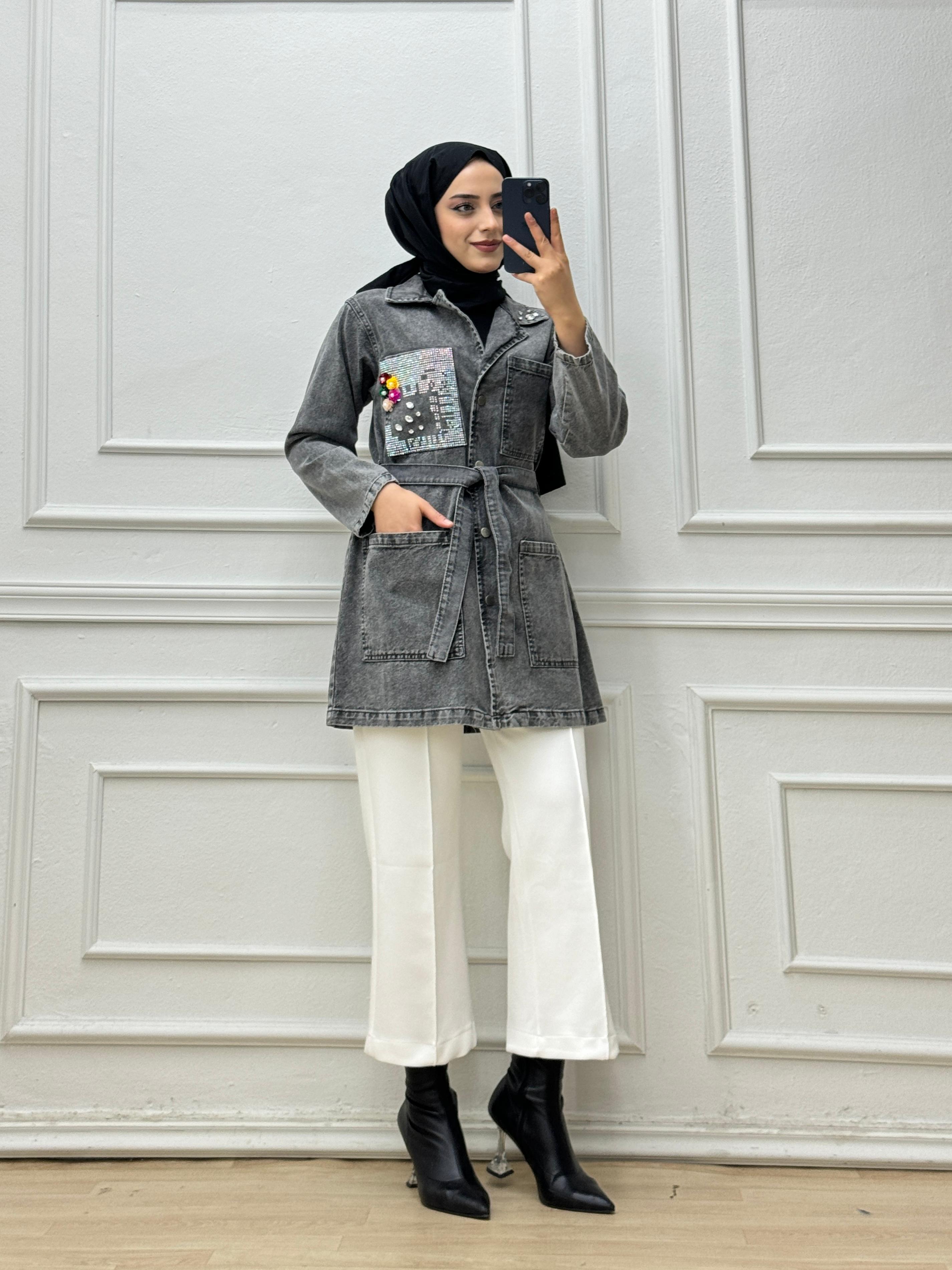 1243-Denim Ceket-Gri