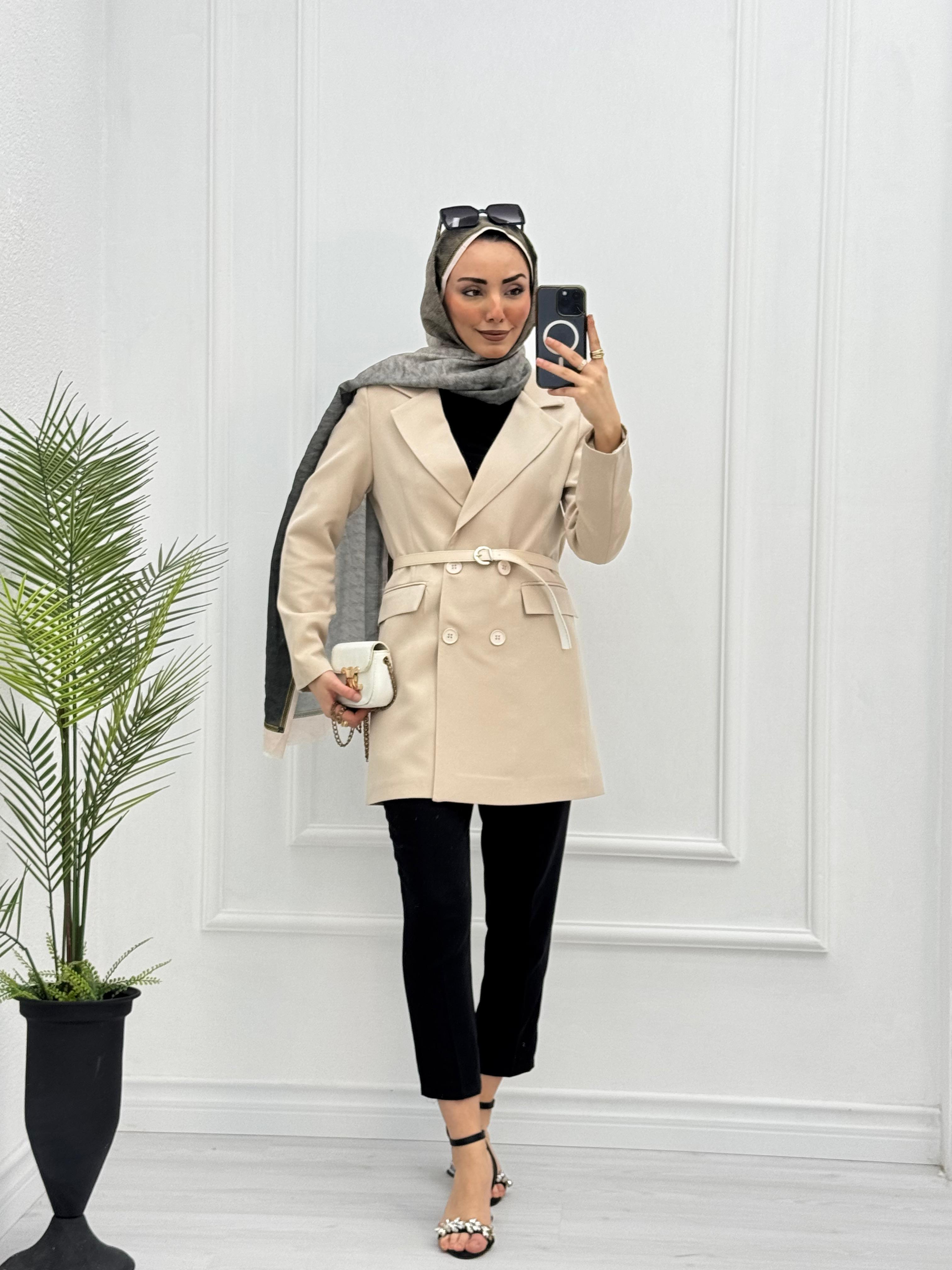 1298-Tall Blazer Ceket-Krem
