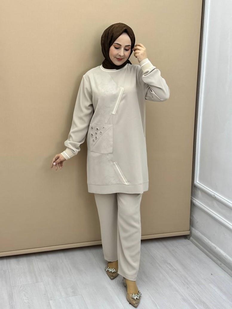 1625-Pantolon Takım-Krem
