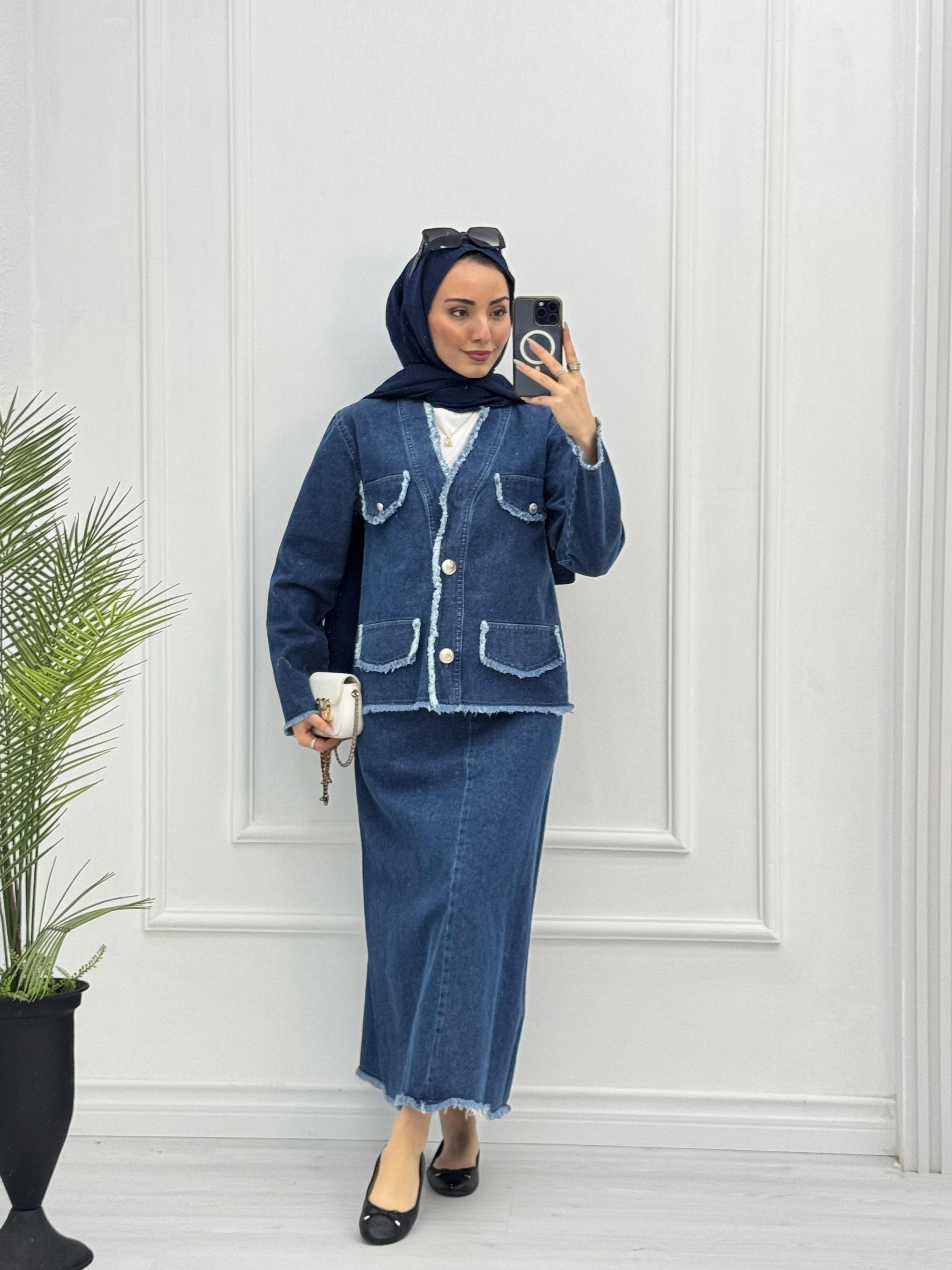 1965-Denim Etek Takım-Koyu Mavi