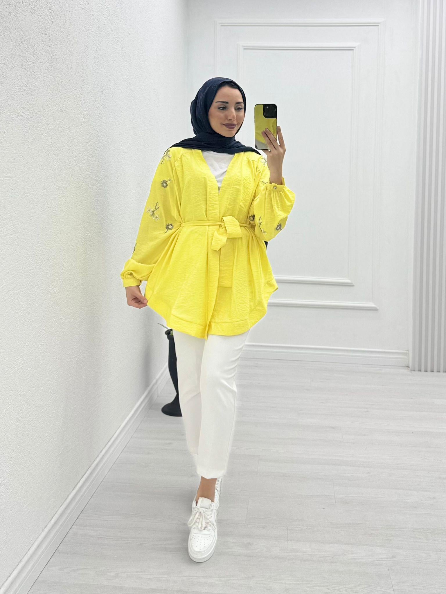 2132-Taşlı Kimono-Sarı