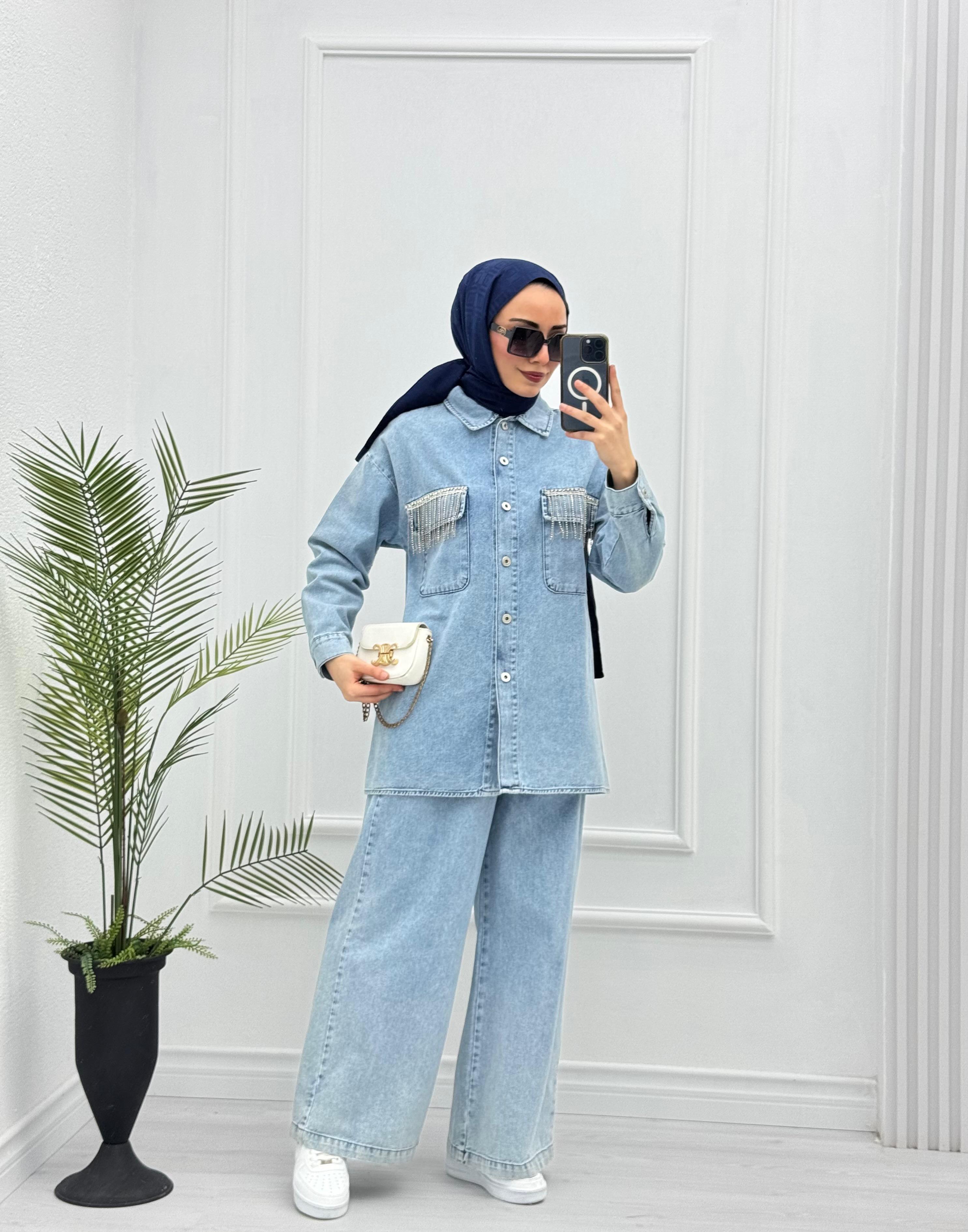 2219-Taşlı Denim Takım-Açık Mavi