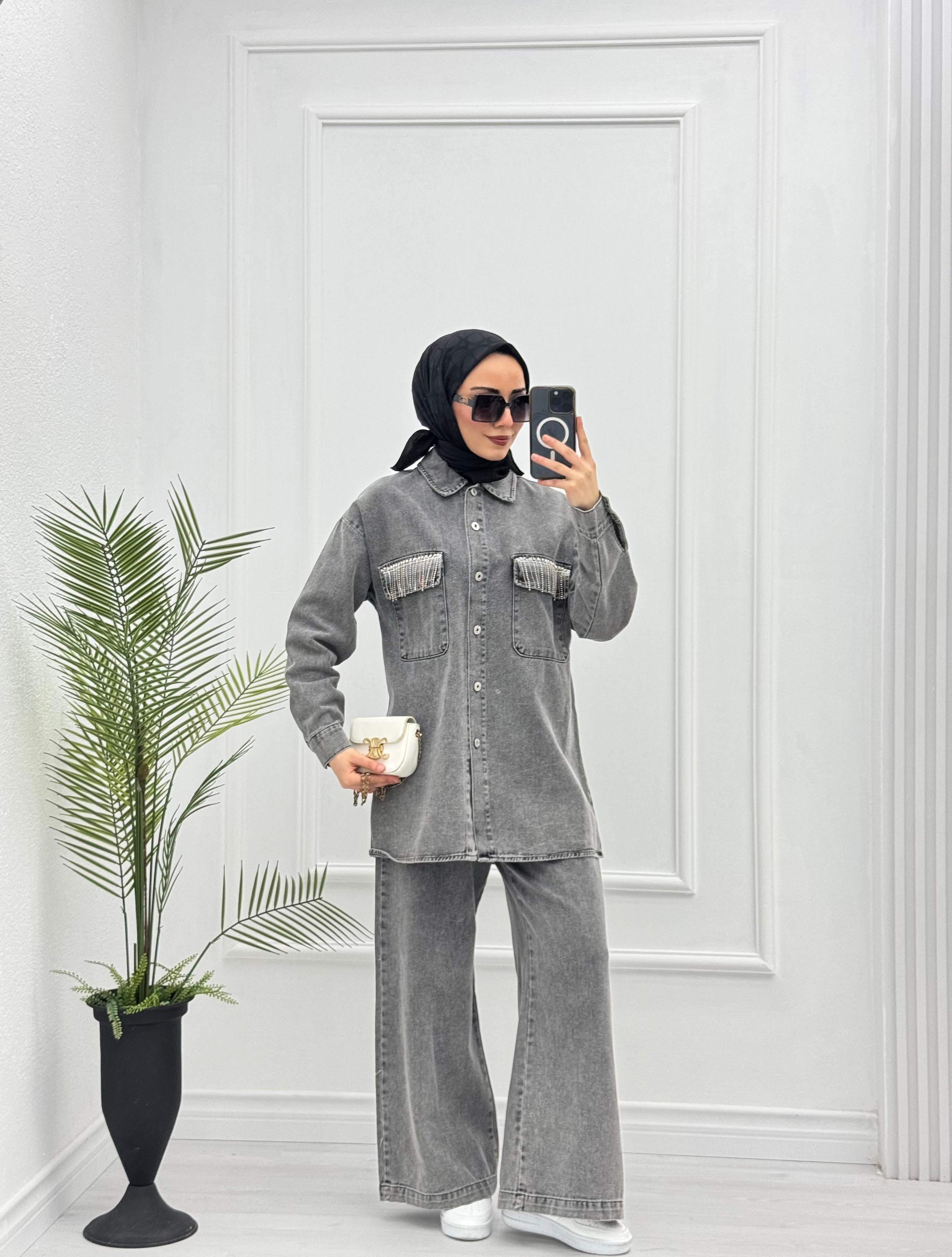 2219-Taşlı Denim Takım-Gri