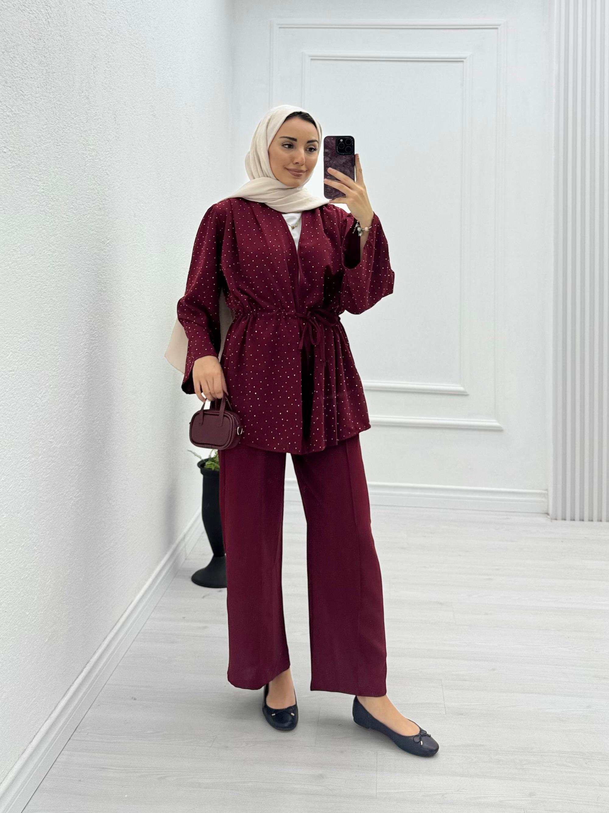 2455-Taşlı Takım-Bordo