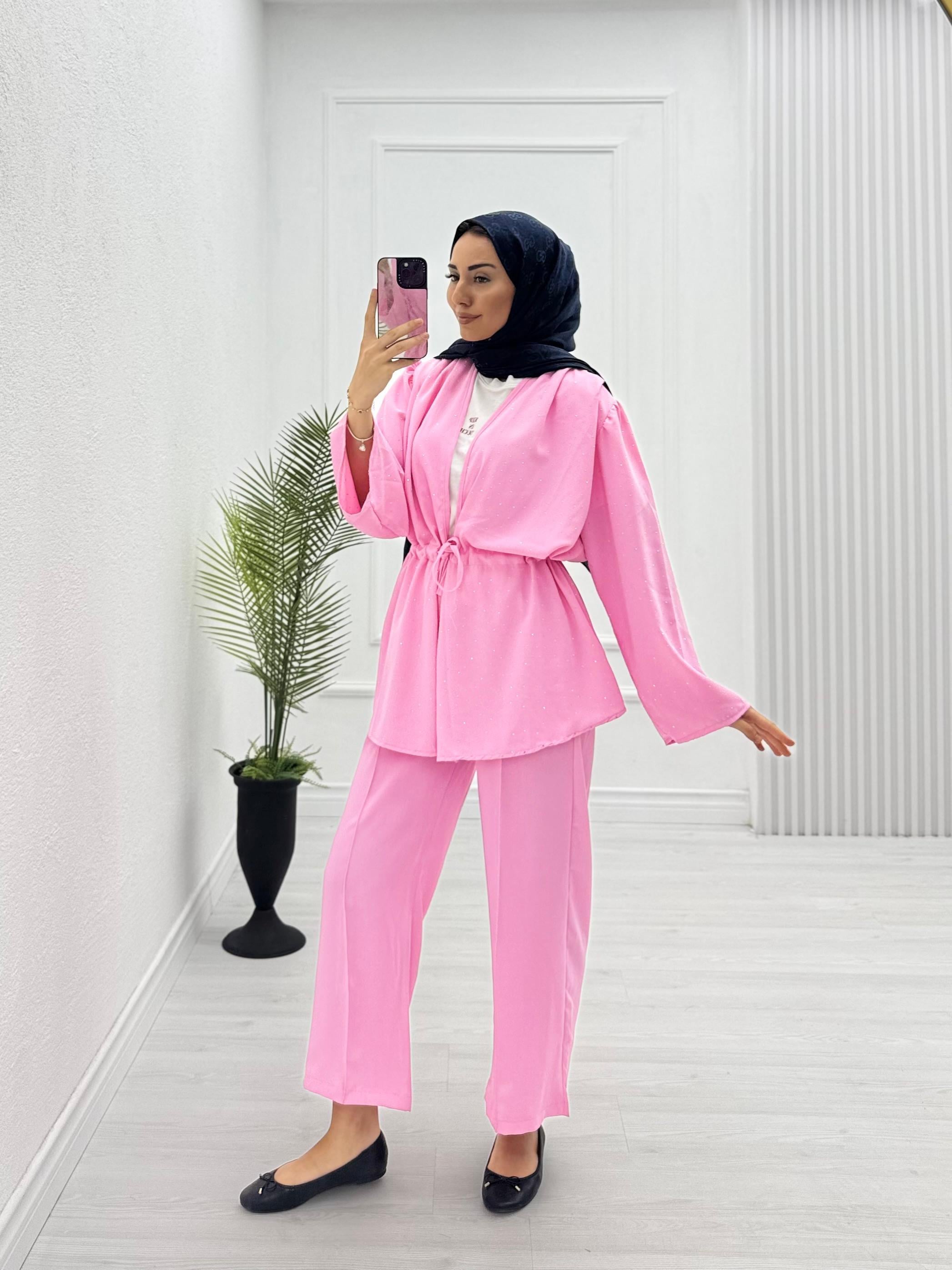 2455-Taşlı Takım-Pembe