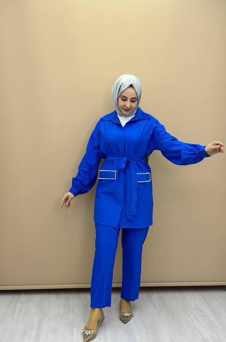 2840-Günlük Pantolon Takım-Saks Mavi