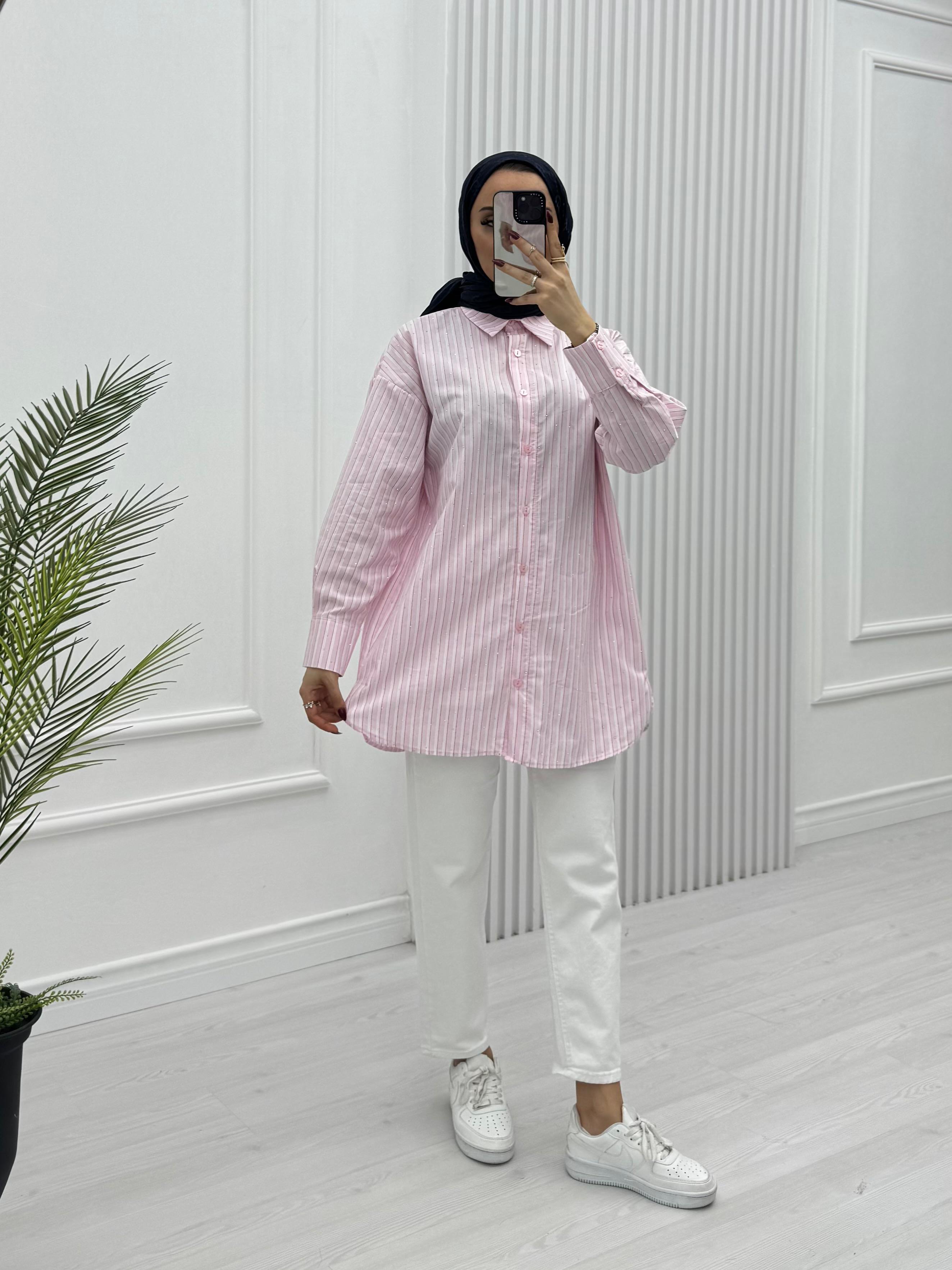 3027-Taşlı Gömlek-Pembe