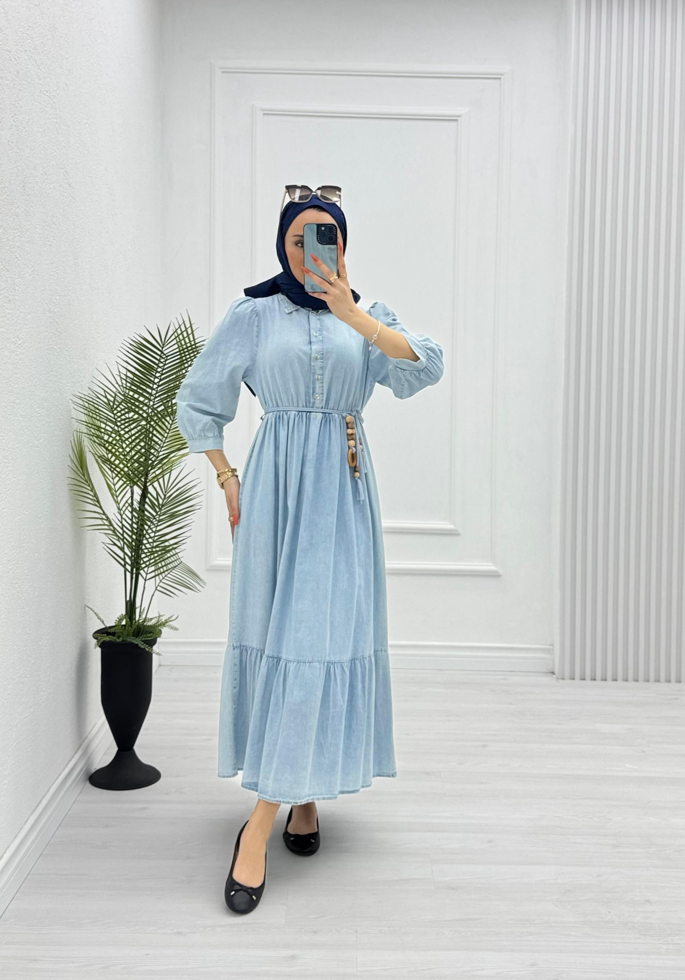 3229-Denim Elbise-Açık Mavi