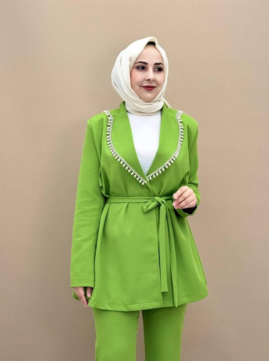 3417-İnci Yakalı Ceket Takım-Yeşil