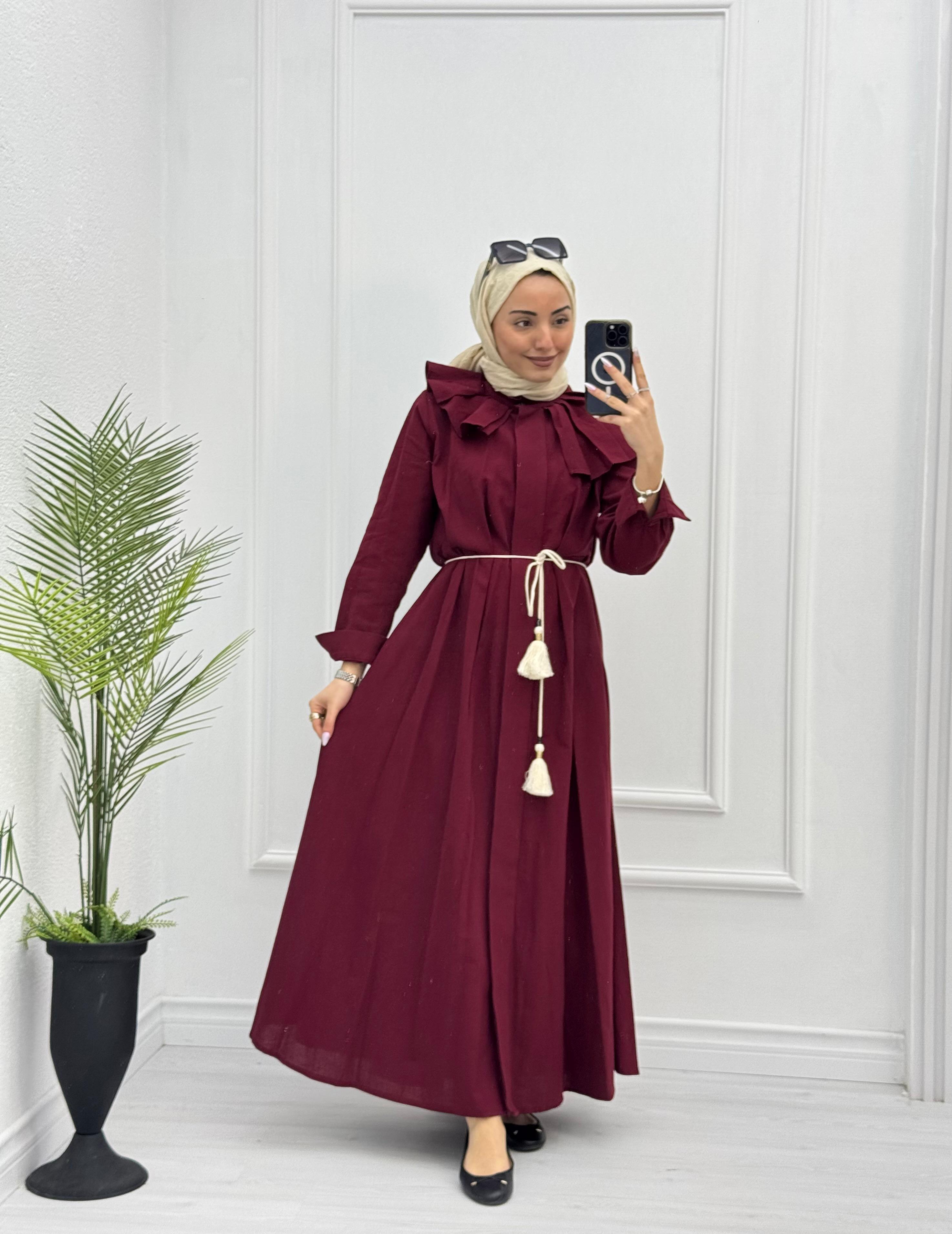 3719-Keten Elbise-Bordo