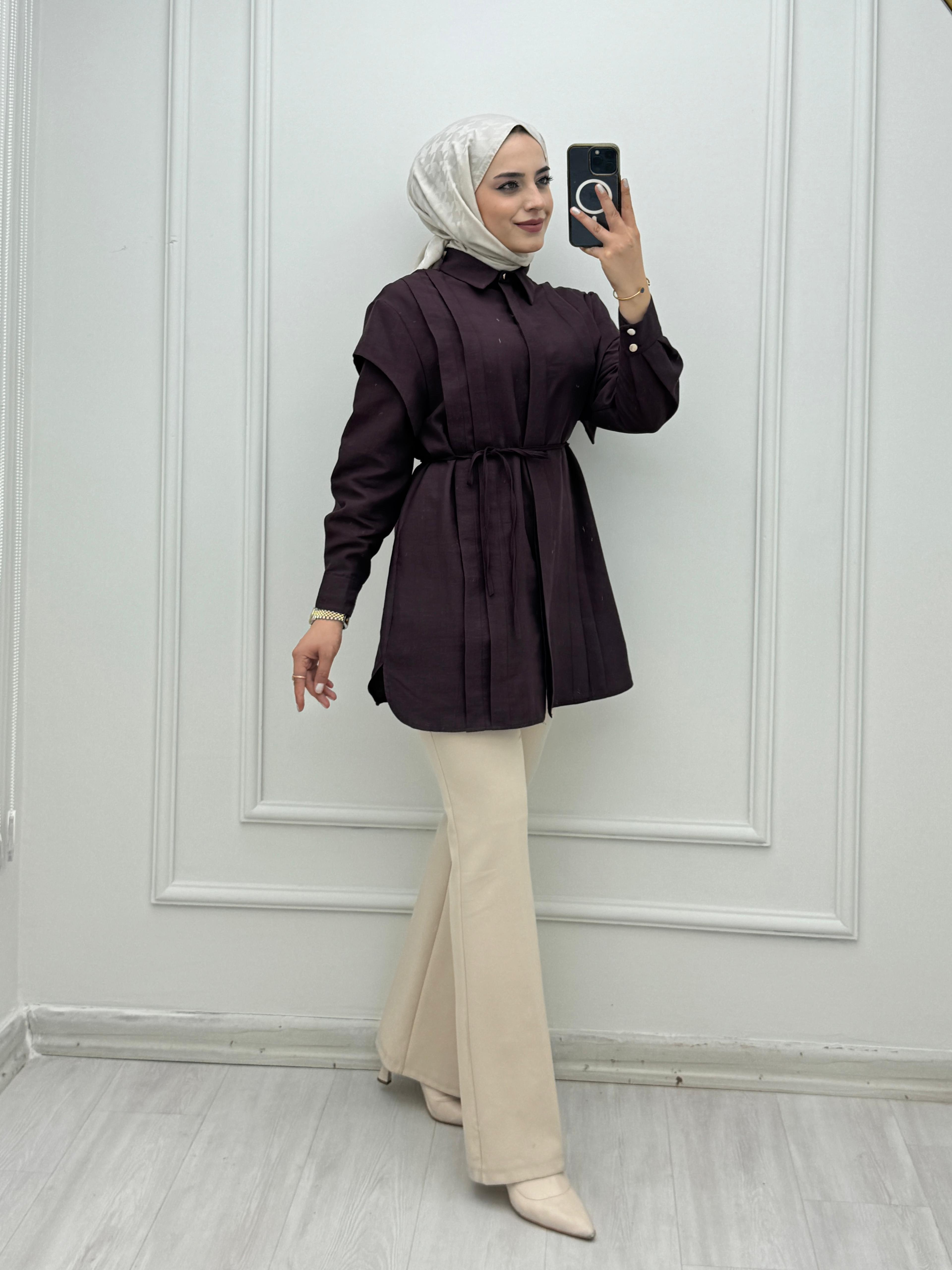 3776-Kuşaklı Gömlek-Mürdüm
