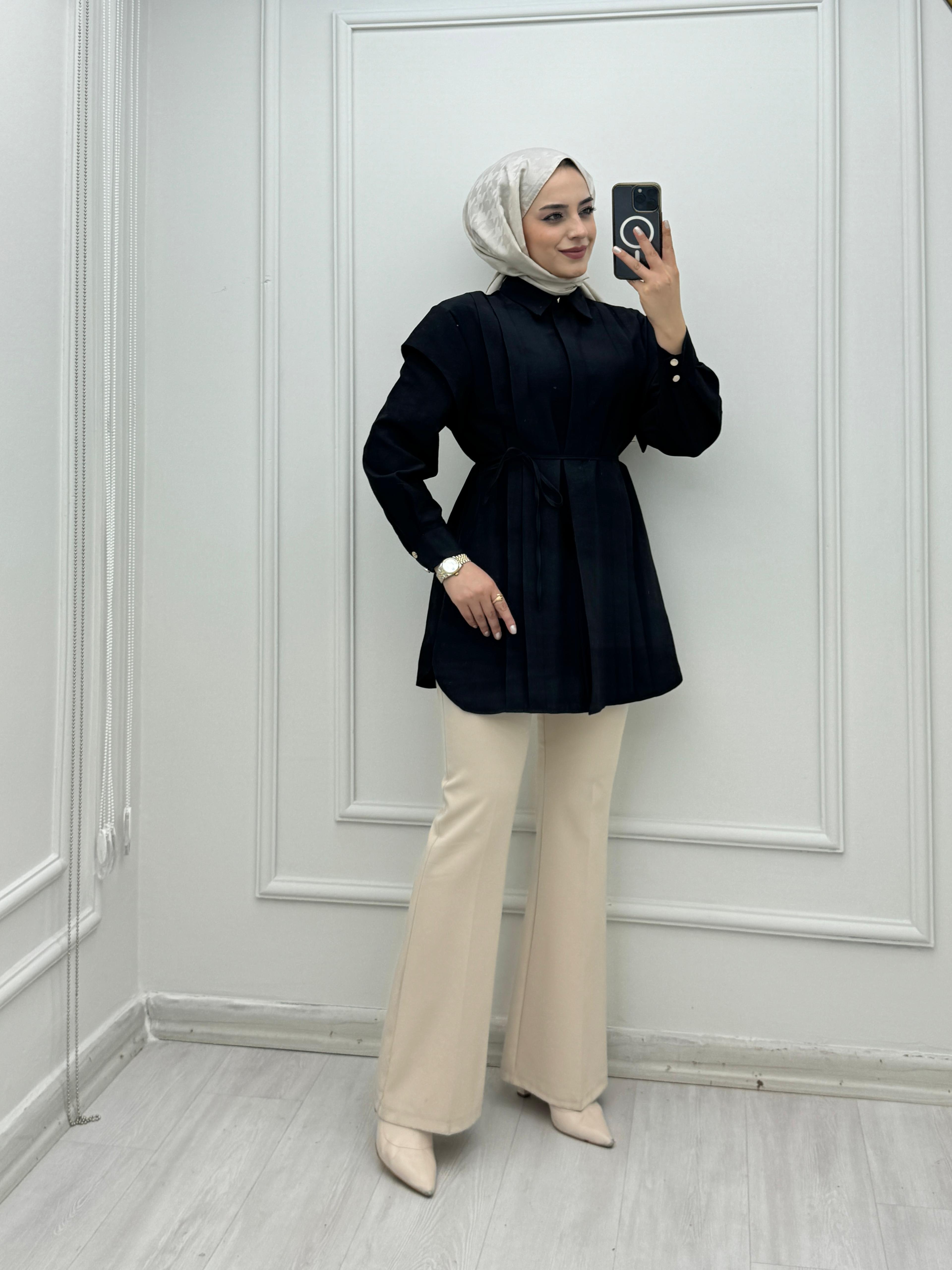 3776-Kuşaklı Gömlek-Siyah