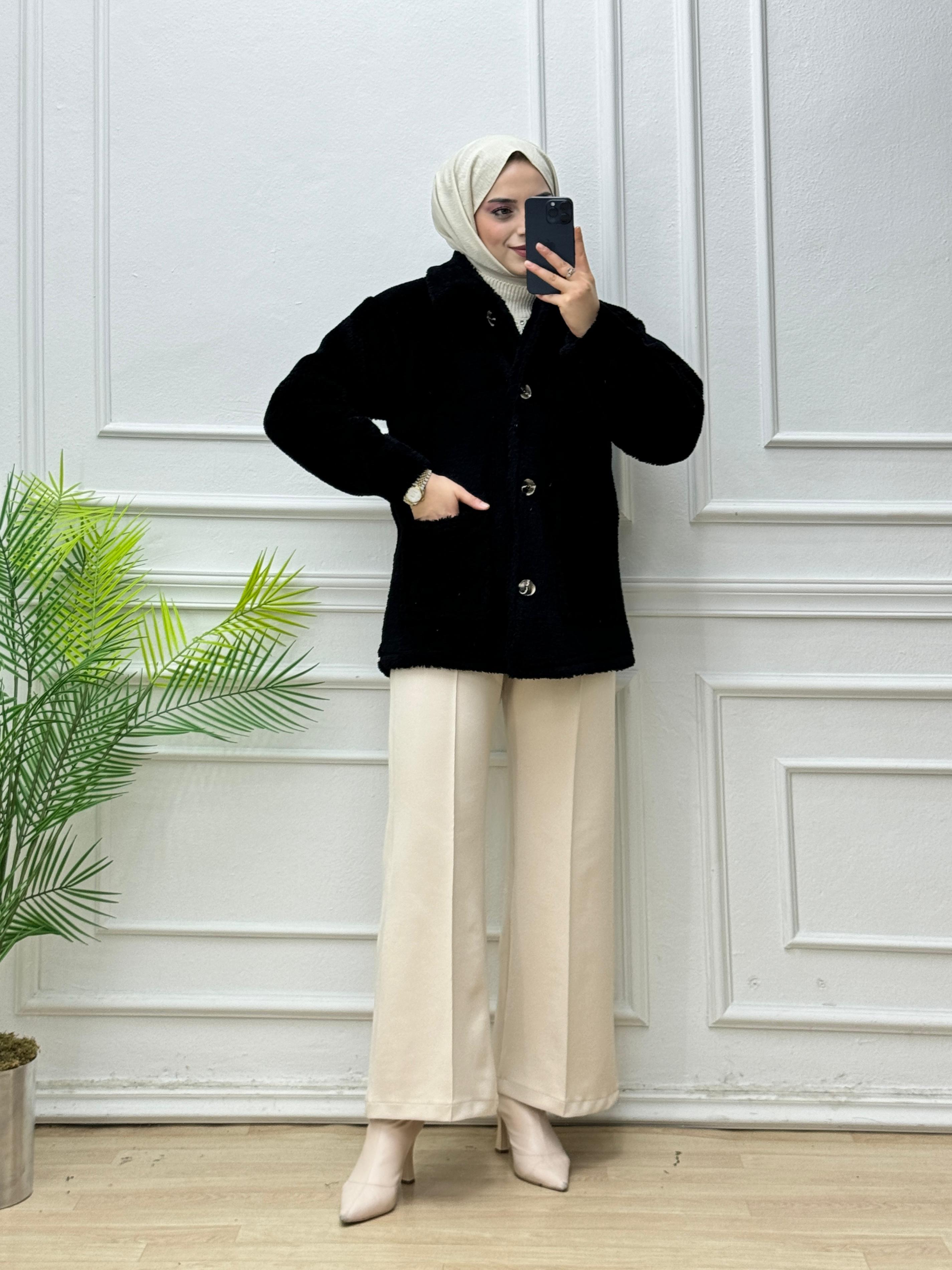 3846-Peluş Ceket-Siyah
