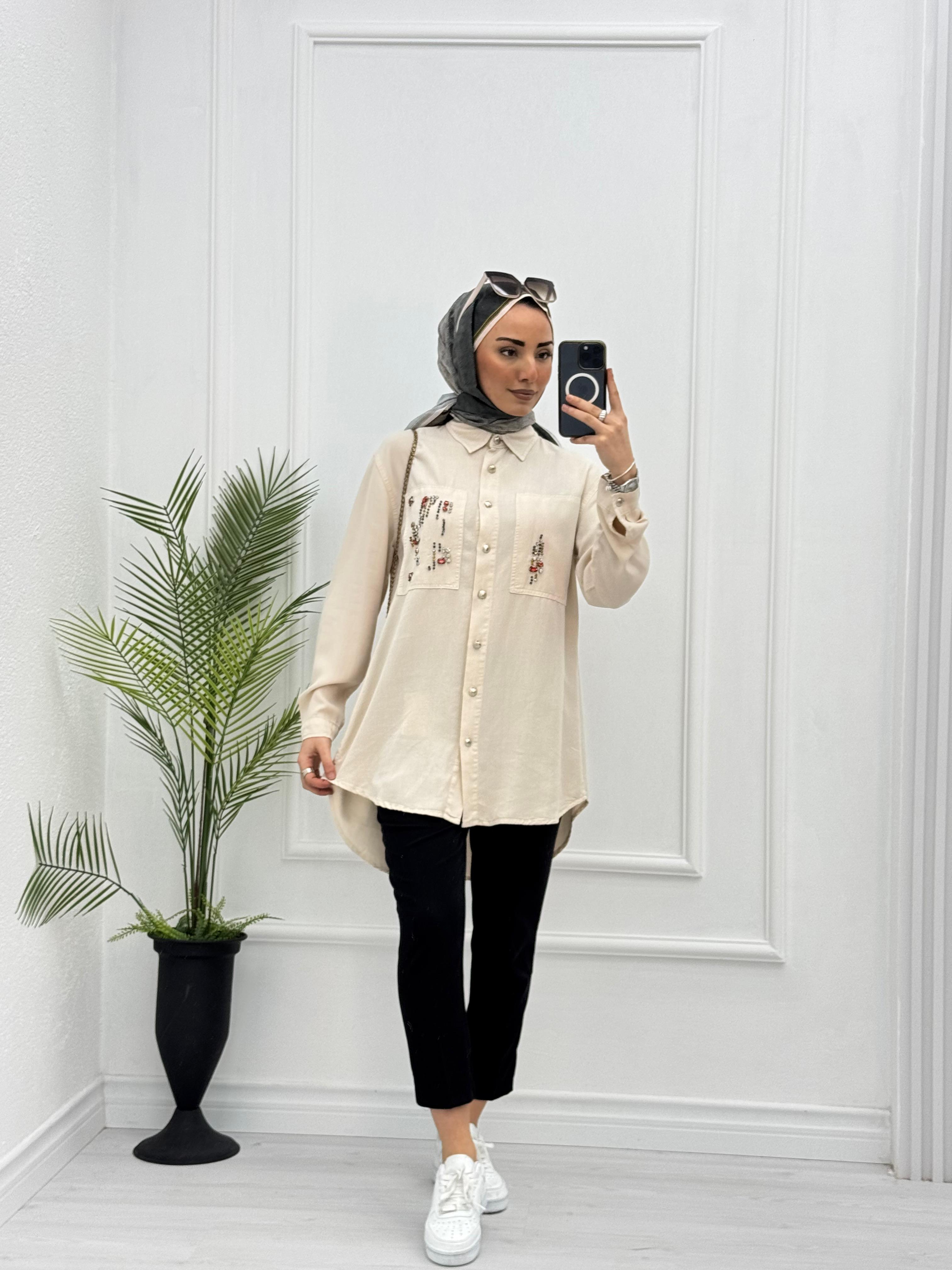 4023-Tencel Gömlek-Krem