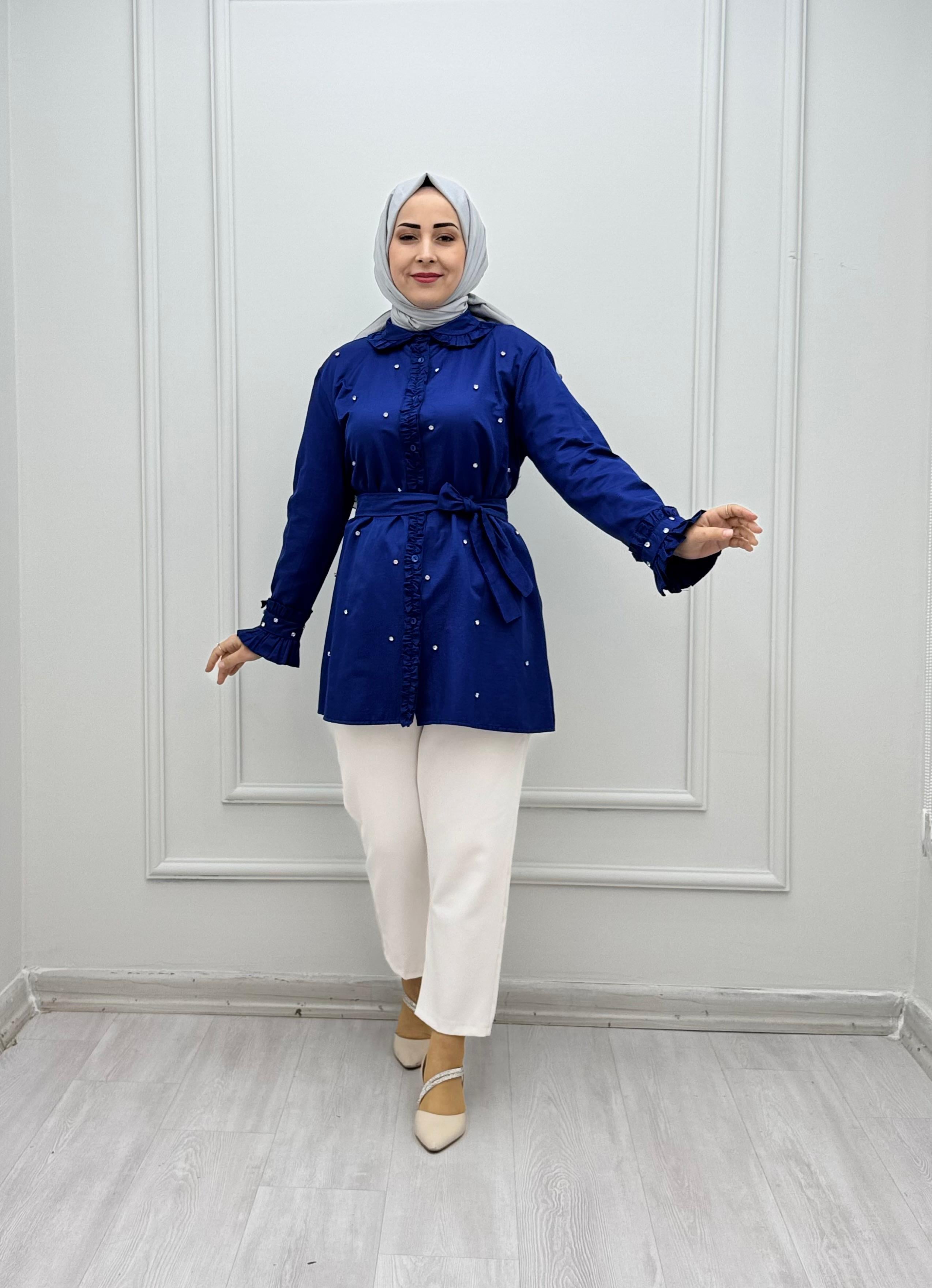 4050-Taşlı Tencel Gömlek-Lacivert