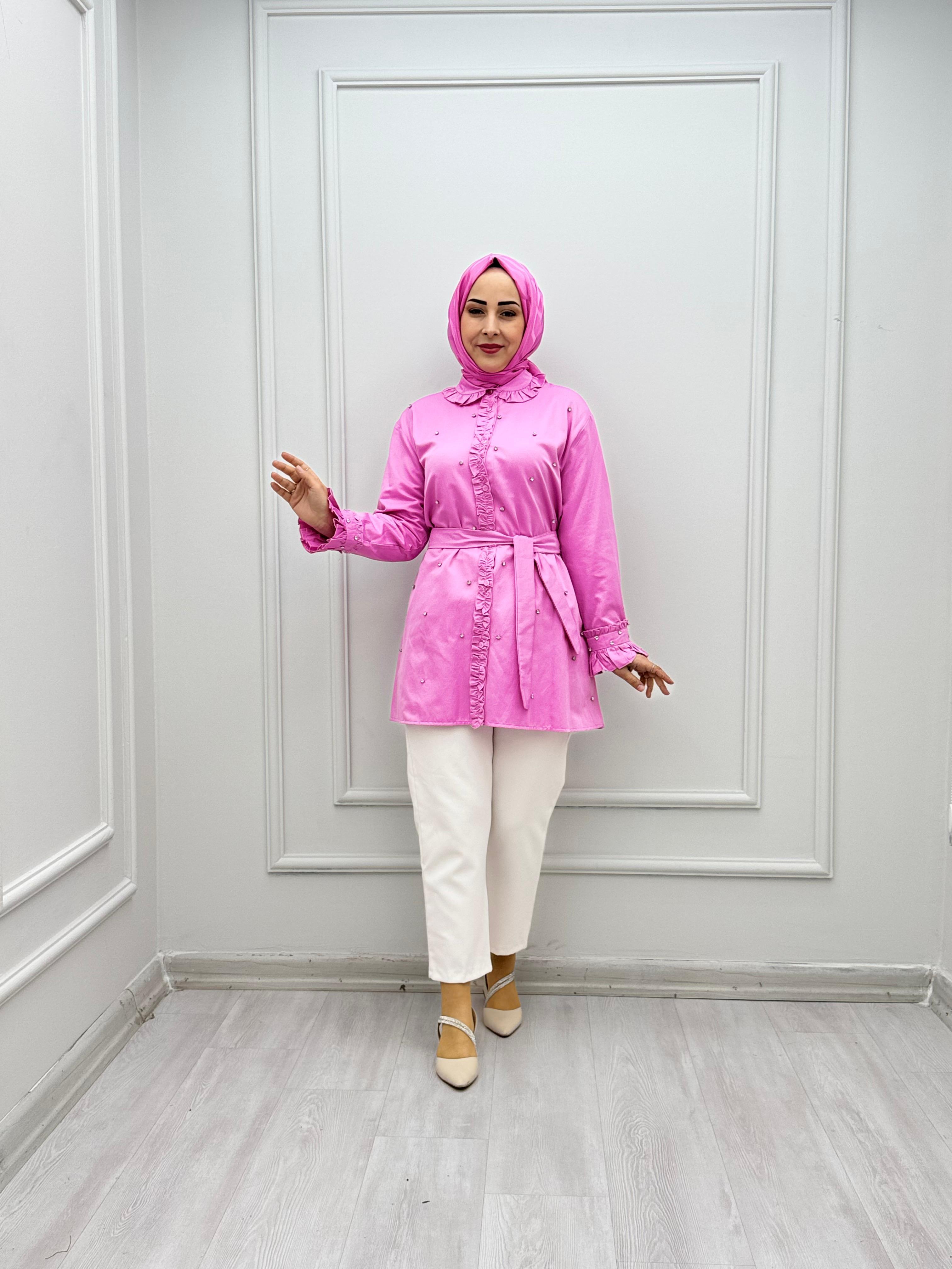 4050-Taşlı Tencel Gömlek-Pembe