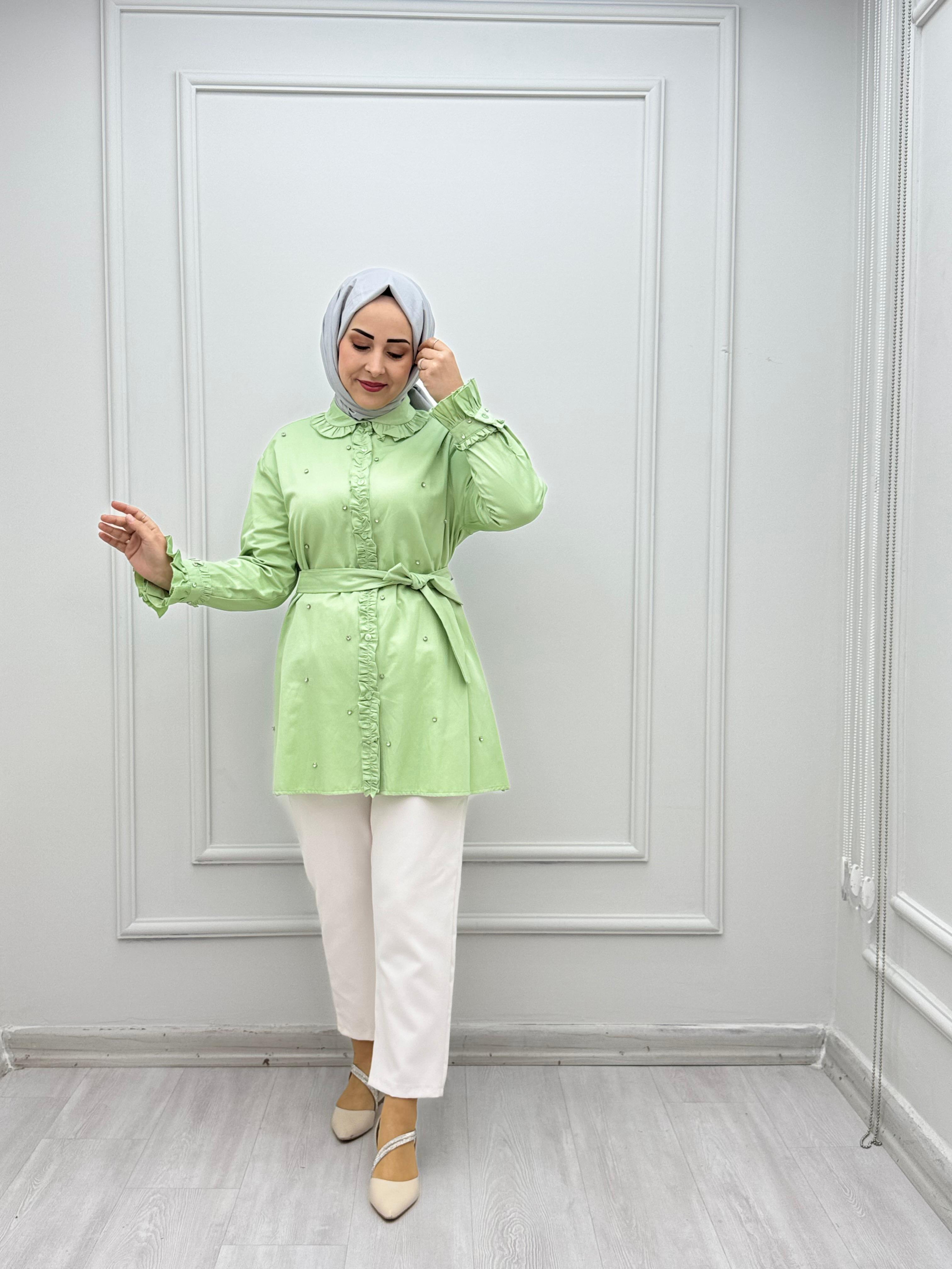 4050-Taşlı Tencel Gömlek-Su Yeşili
