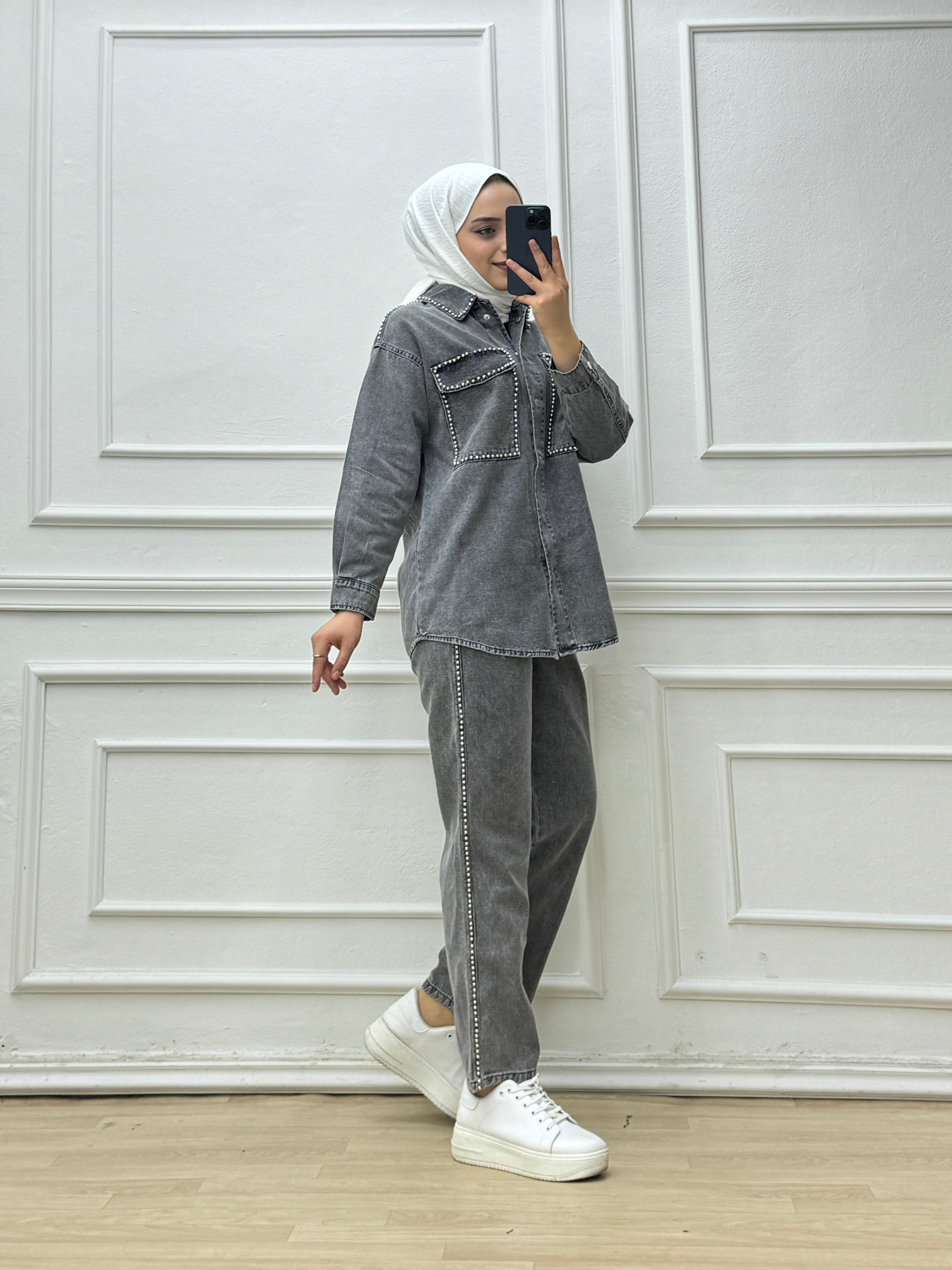 5880-İncili Denim Takım-Gri