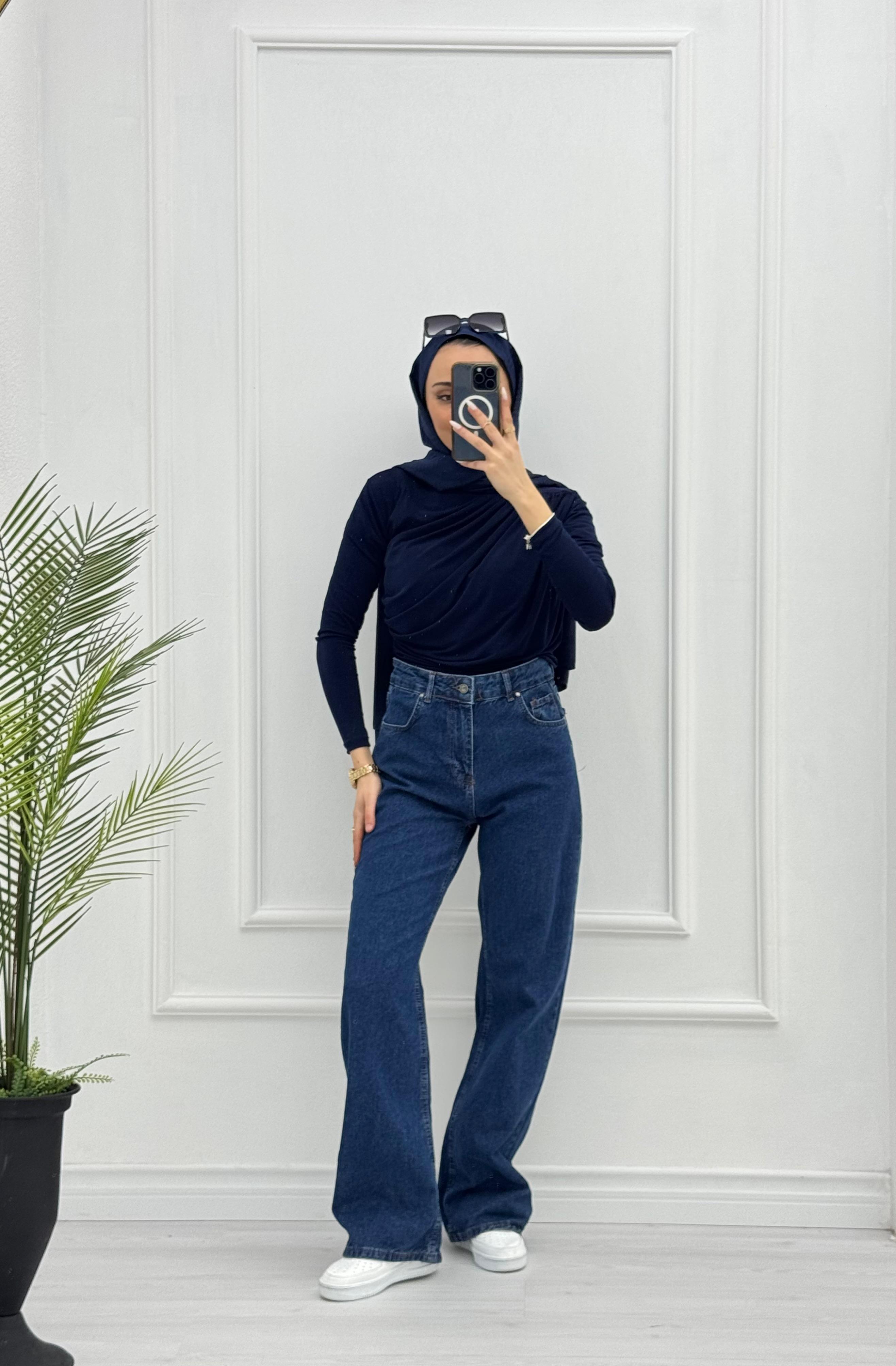 6005-Palazzo Denim Pantolon-Koyu Mavi