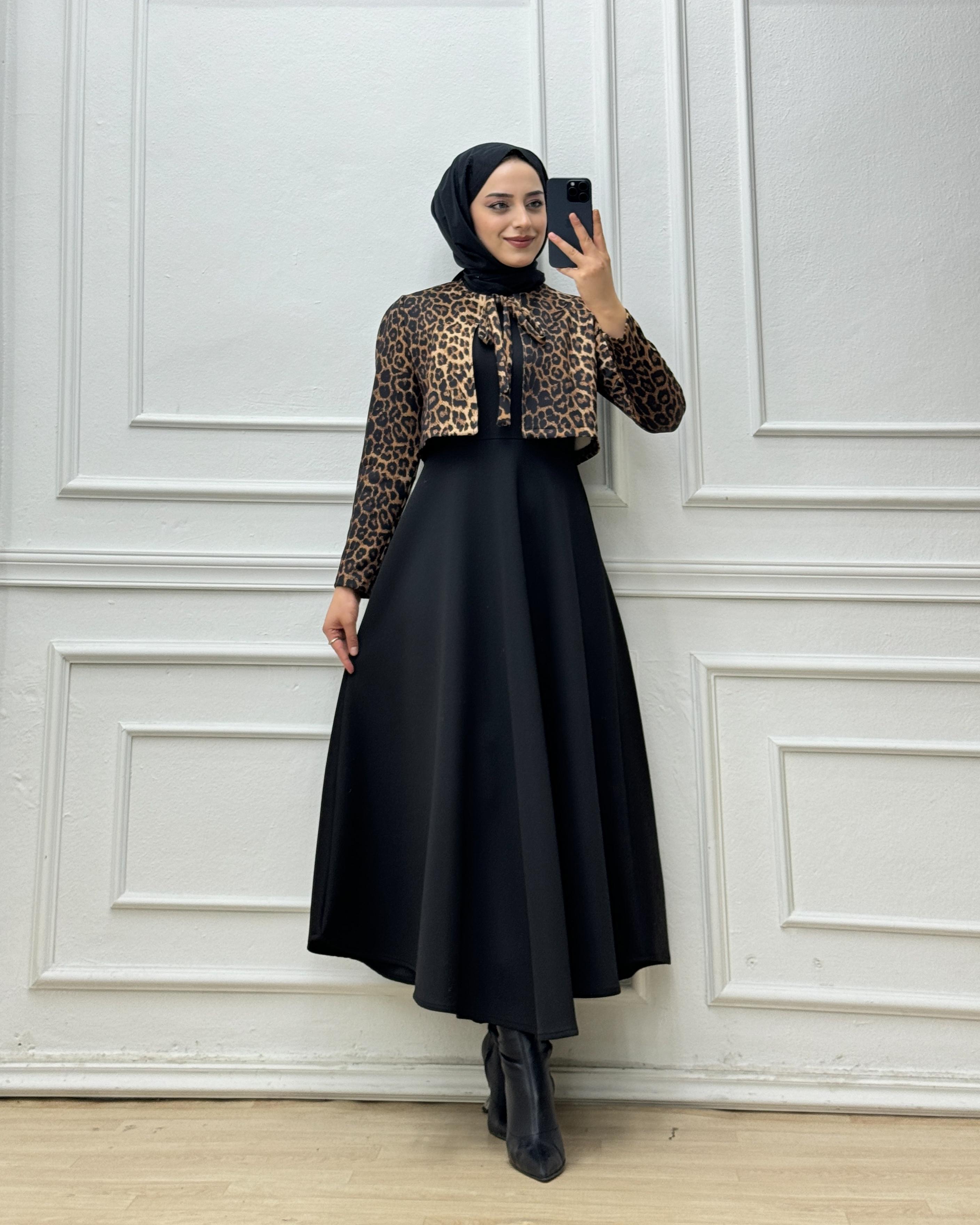 7444-Leopar Ceketli Elbise-Siyah