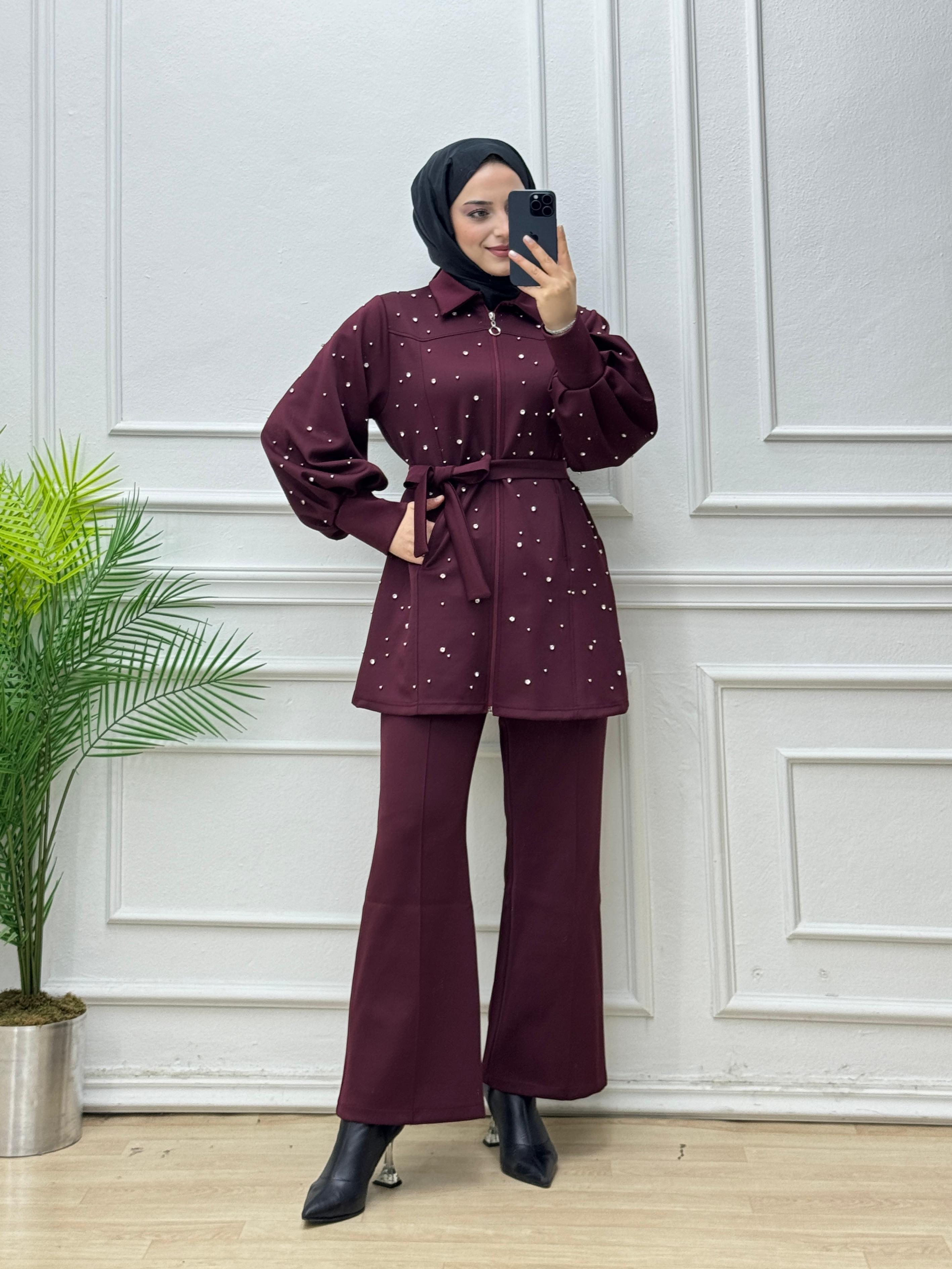 7930-Pantolon Takım-Bordo