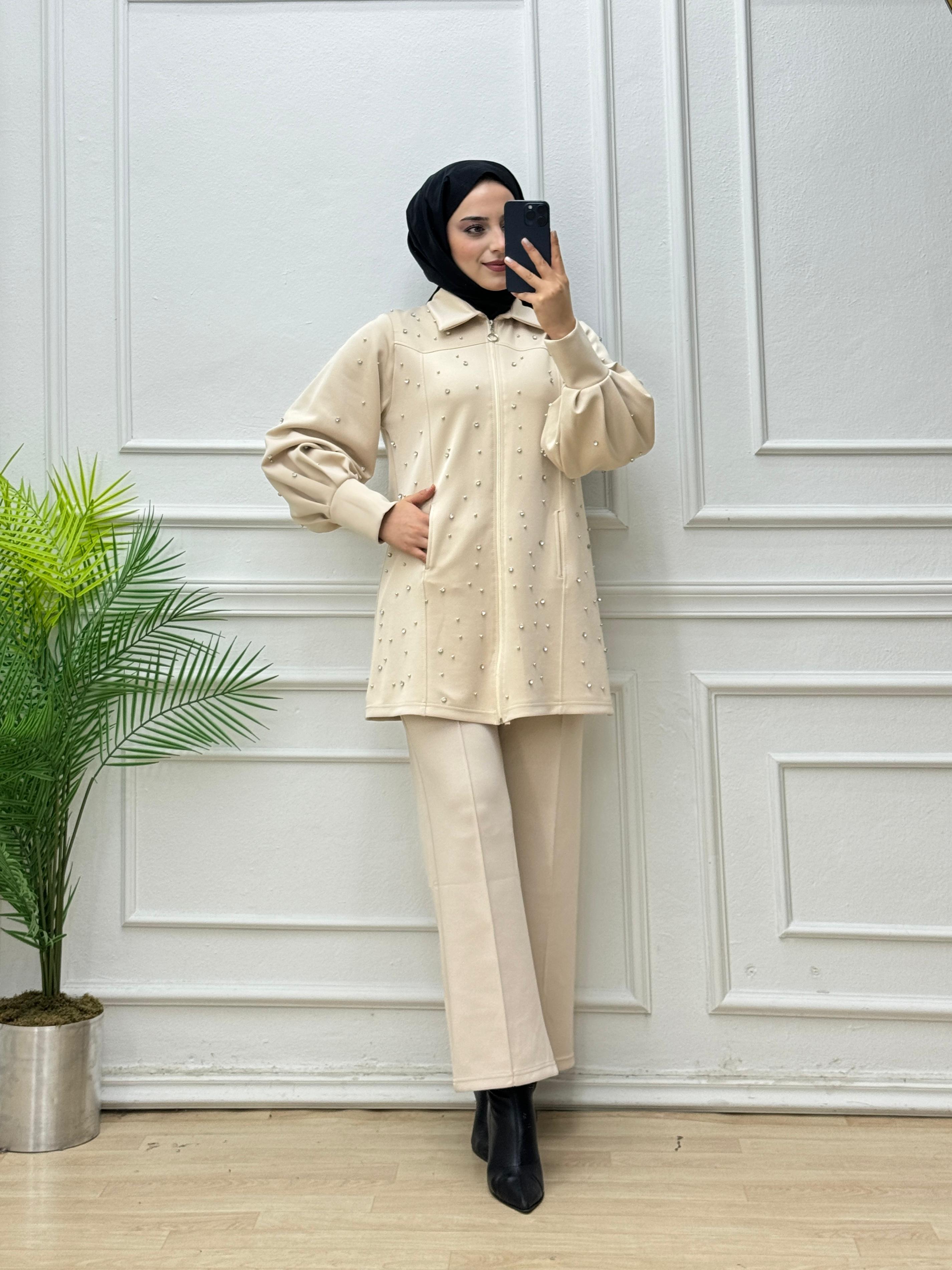 7930-Pantolon Takım-Krem