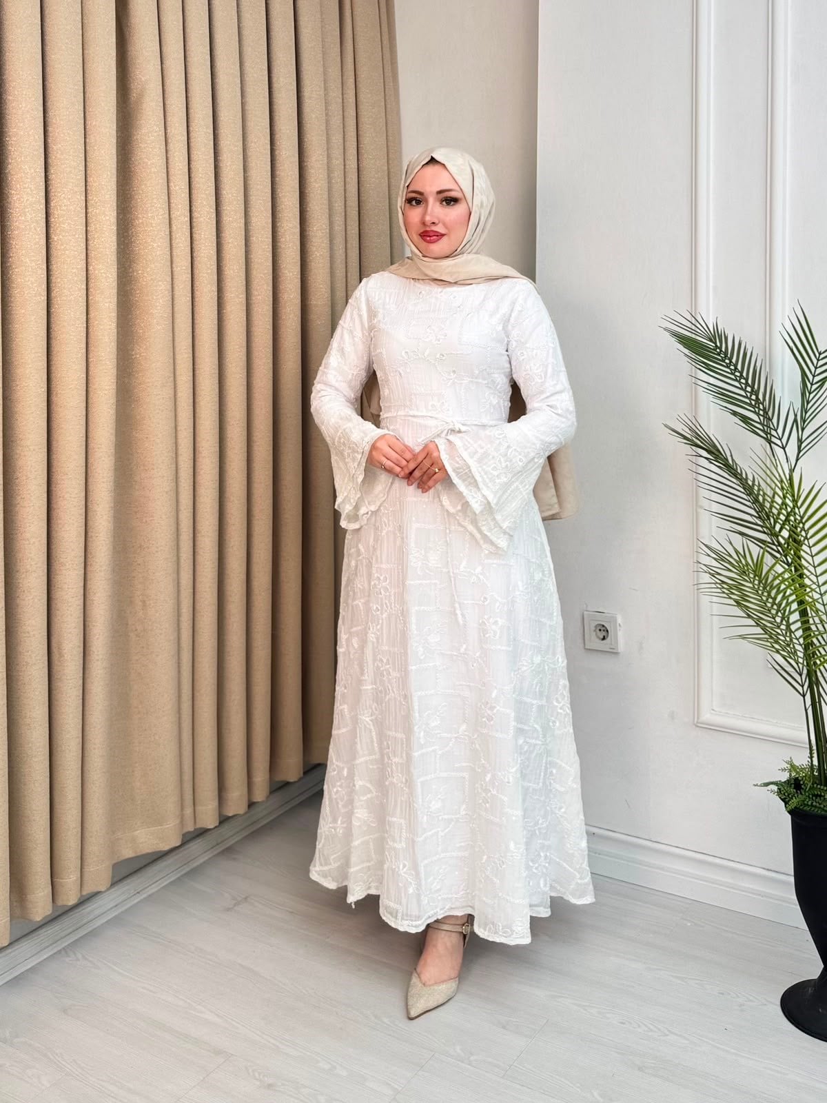 Ed6798-Desenli Vual Elbise-Beyaz
