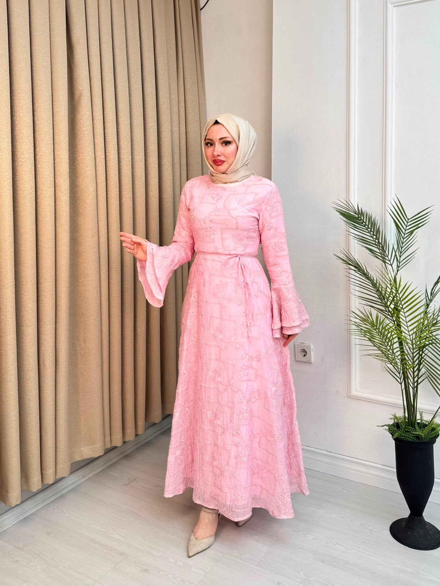 Ed6798-Desenli Vual Elbise-Pembe