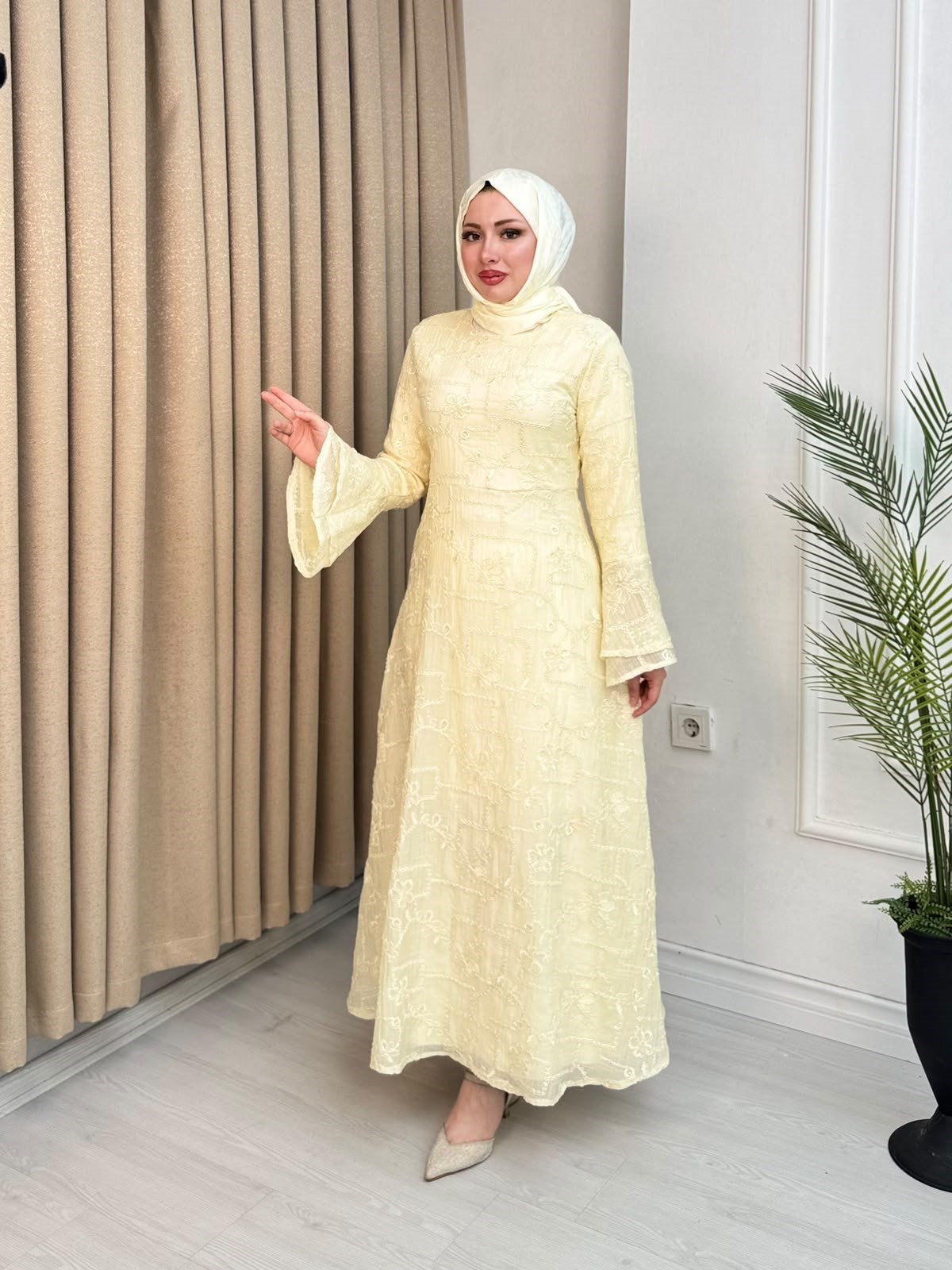 Ed6798-Desenli Vual Elbise-Sarı