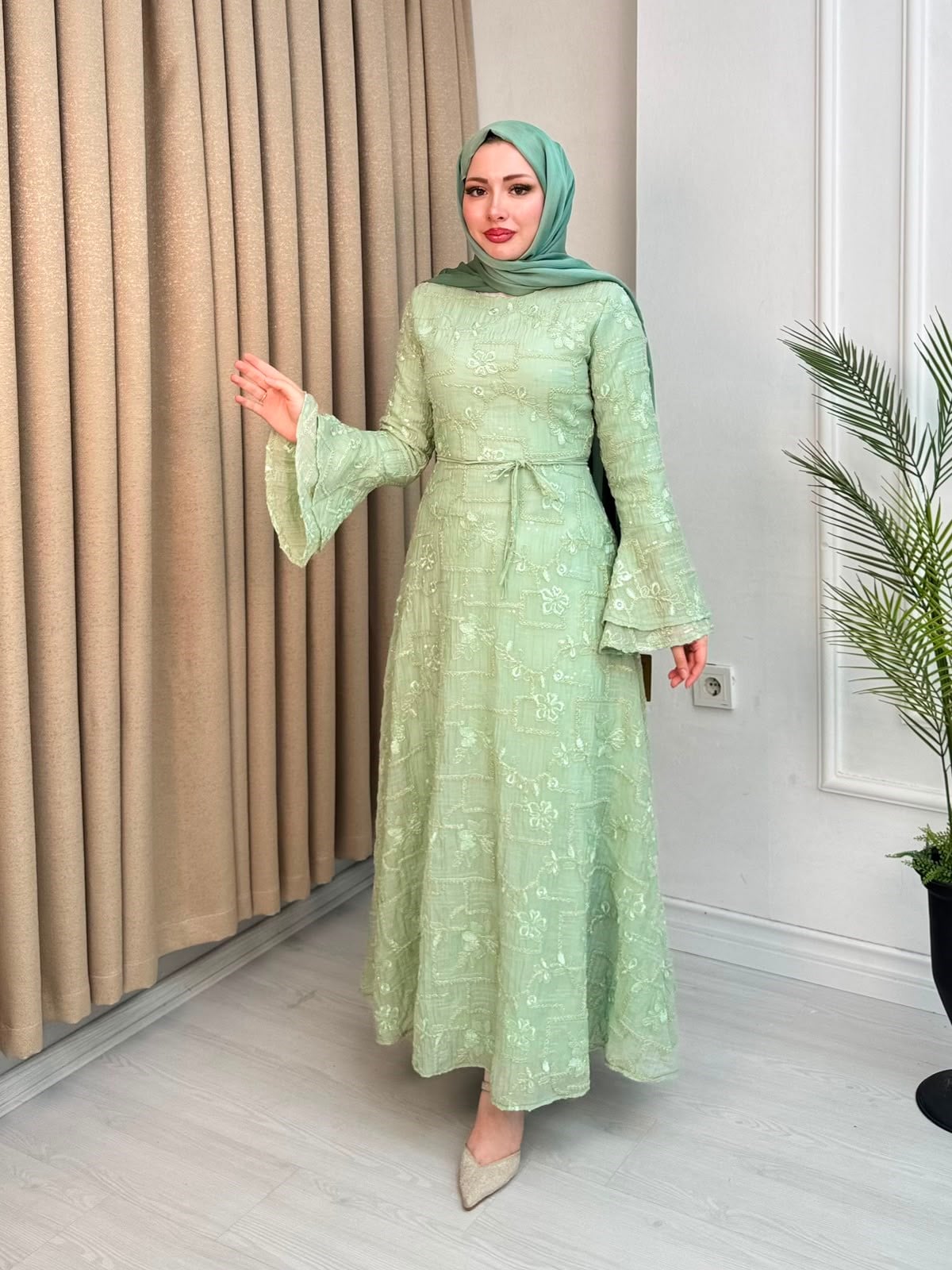 Ed6798-Desenli Vual Elbise-Yeşil