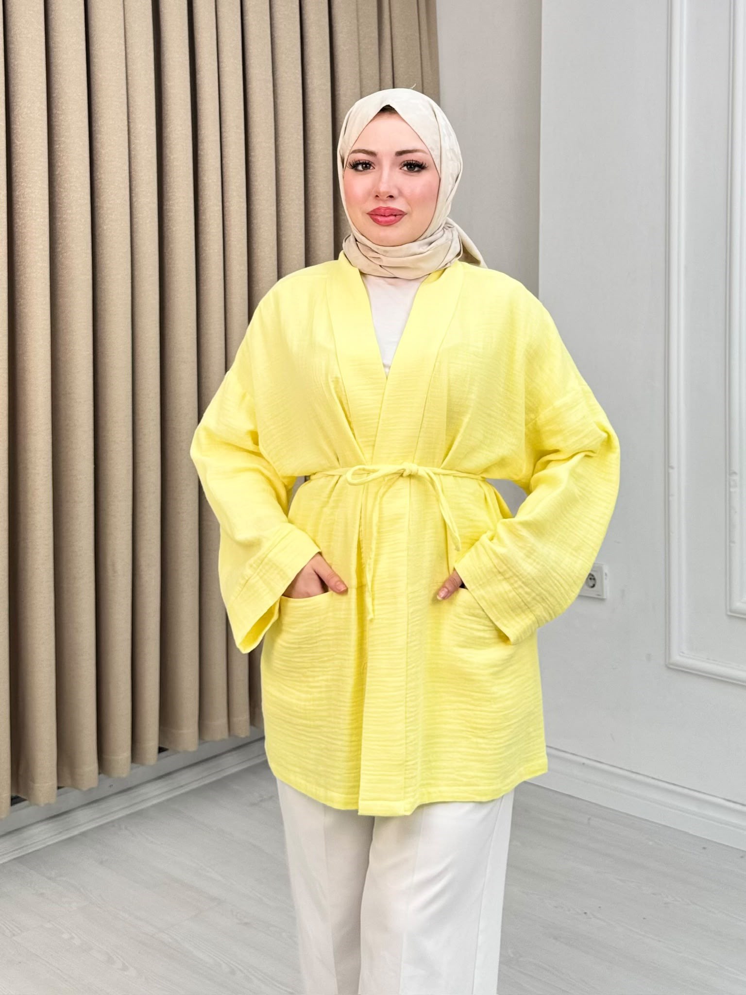 Gb0012-Müslin Kimono-Sarı