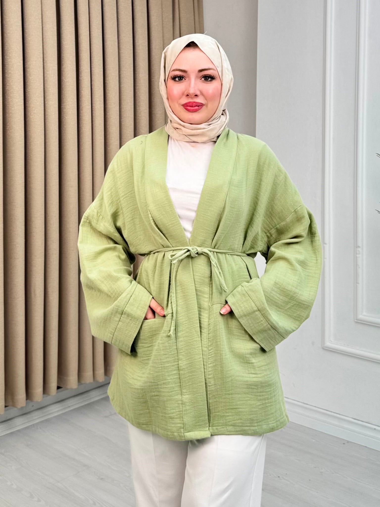 Gb0012-Müslin Kimono-Yeşil