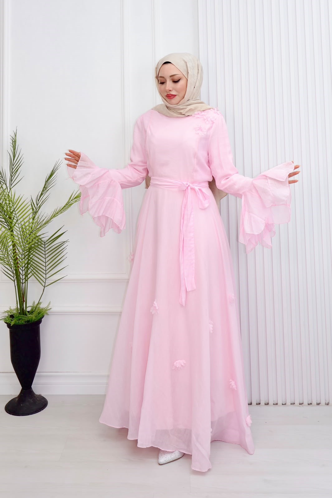 Gc6814e-Vual Çiçek Detaylı Geniş Kollu Elbise-Pembe